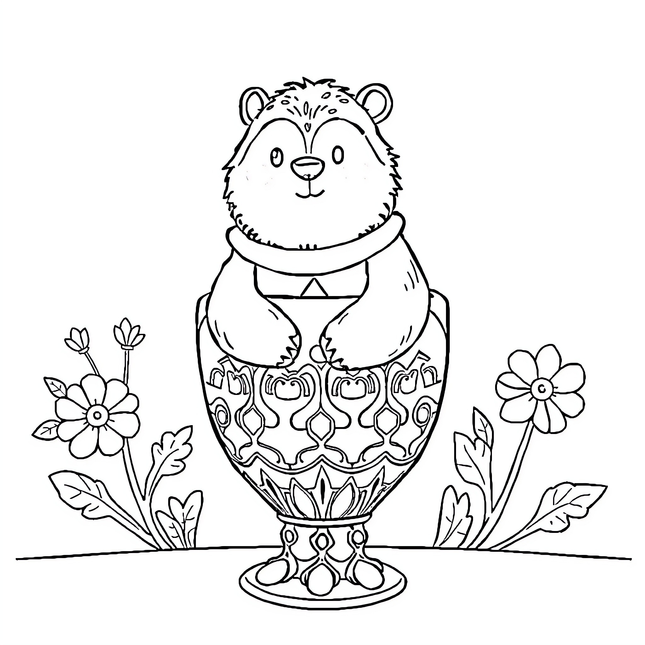 Ours cute bear in ornate cup with flowers Coloring Page (free black-and-white line drawing printable PDF for all, from beginners to advanced learners, including children, teens, adults, and seniors)