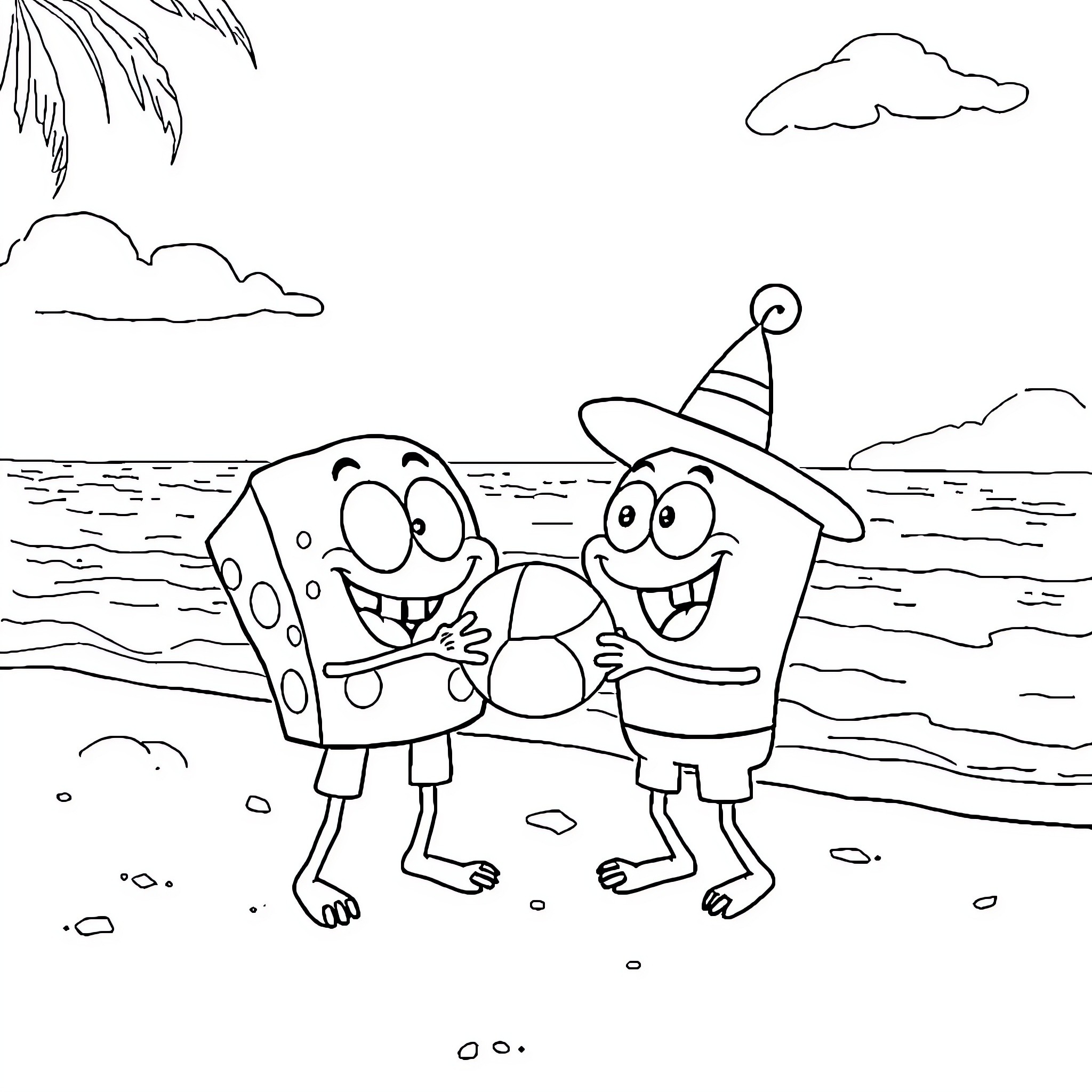 Bob esponja and friend enjoying beach scenery Coloring Page (free black-and-white line drawing printable PDF for all, from beginners to advanced learners, including children, teens, adults, and seniors)