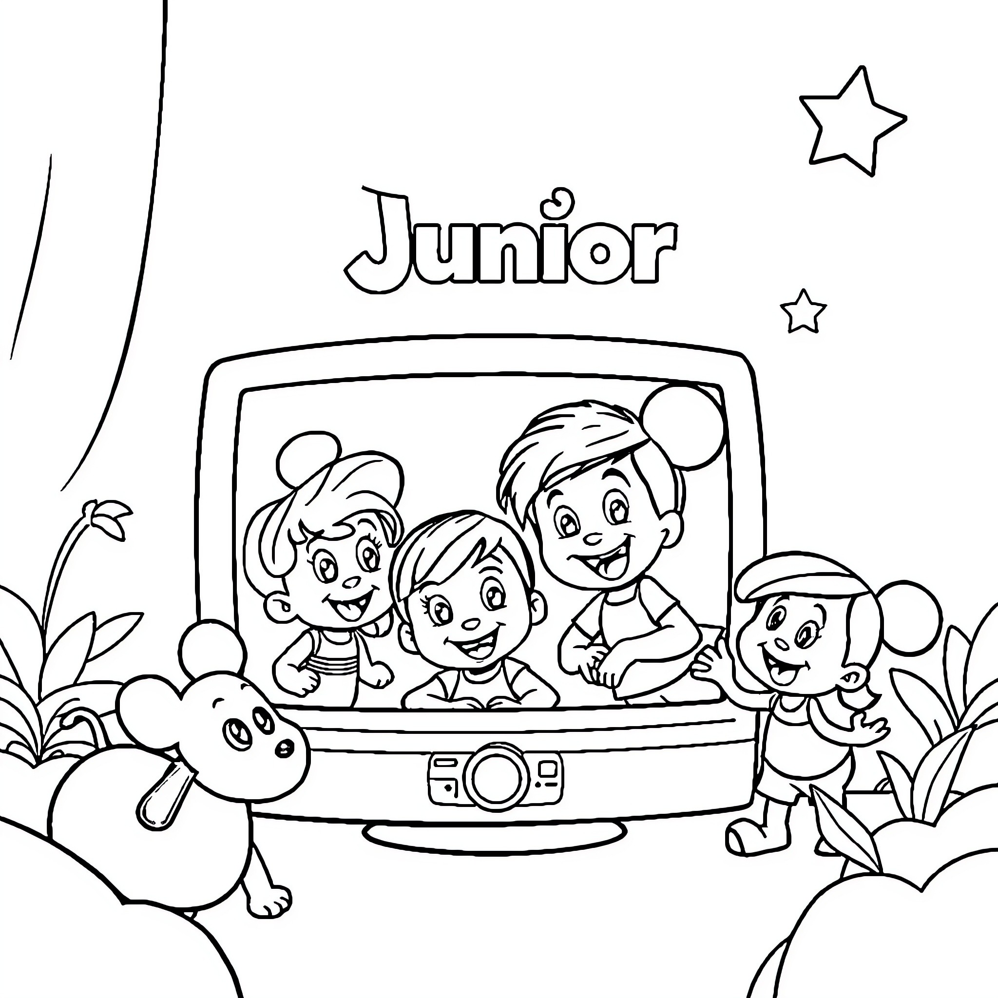 Disney Junior characters playing together happily Coloring Page (free black-and-white line drawing printable PDF for all, from beginners to advanced learners, including children, teens, adults, and seniors)