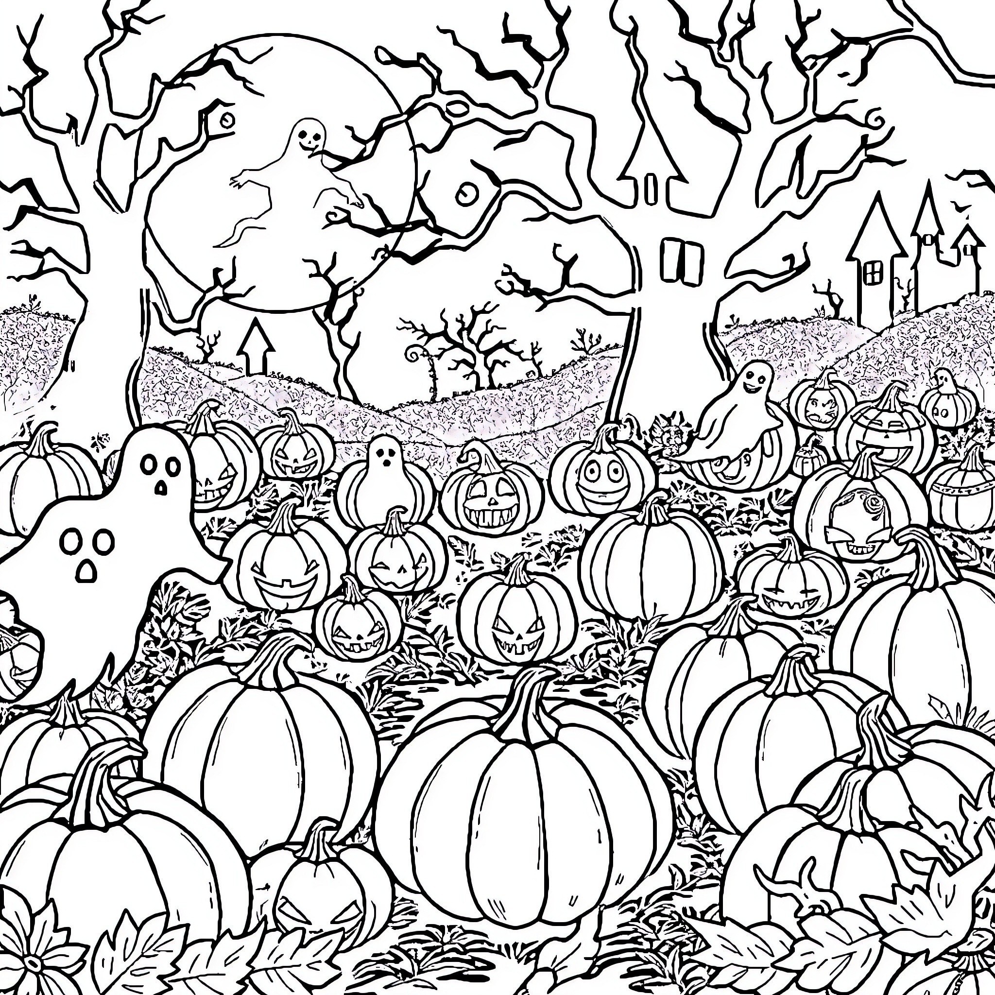 Pumpkin Patch Celebration with Spooky Figures Coloring Page (free black-and-white line drawing printable PDF for all, from beginners to advanced learners, including children, teens, adults, and seniors)