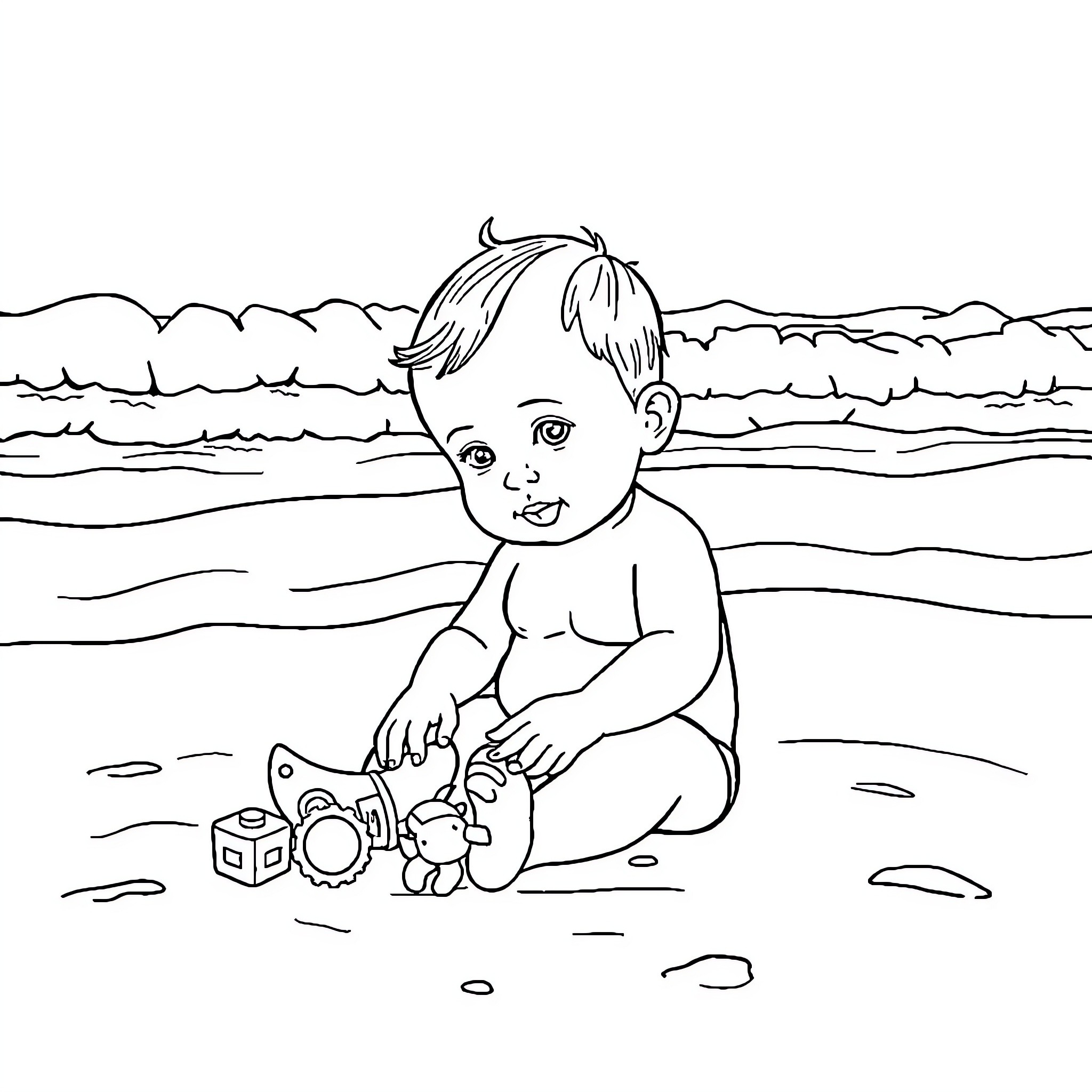 Baby playing happily with toys on the beach Coloring Page (free black-and-white line drawing printable PDF for all, from beginners to advanced learners, including children, teens, adults, and seniors)