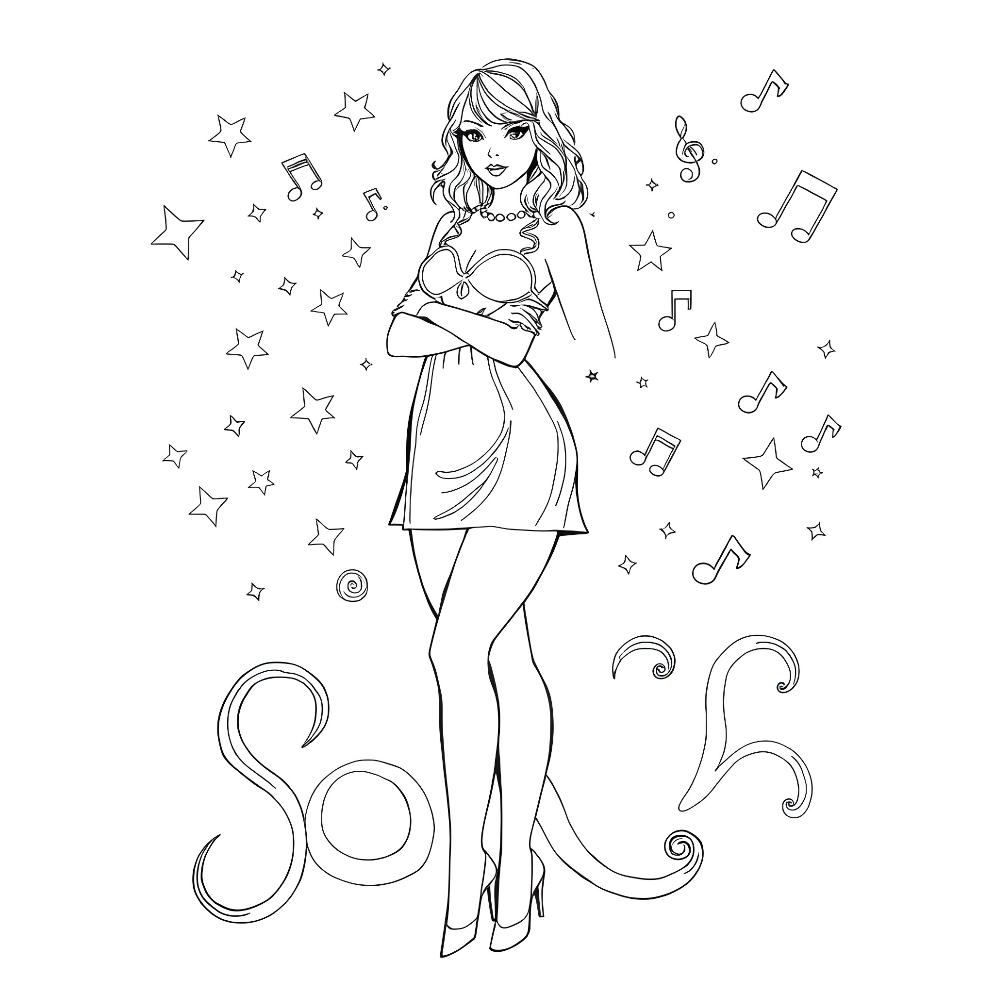 Taylor Swift posing stylishly with musical elements Coloring Page (free black-and-white line drawing printable PDF for all, from beginners to advanced learners, including children, teens, adults, and seniors)