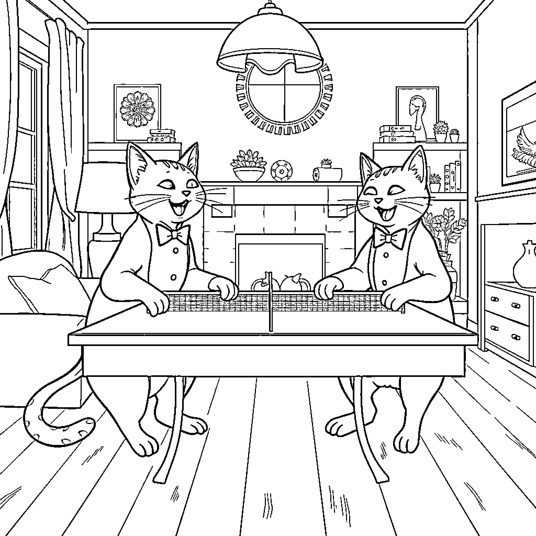 Tuxedo Cats Playing Table Tennis in Cozy Home Coloring Page (free black-and-white line drawing printable PDF for all, from beginners to advanced learners, including children, teens, adults, and seniors)