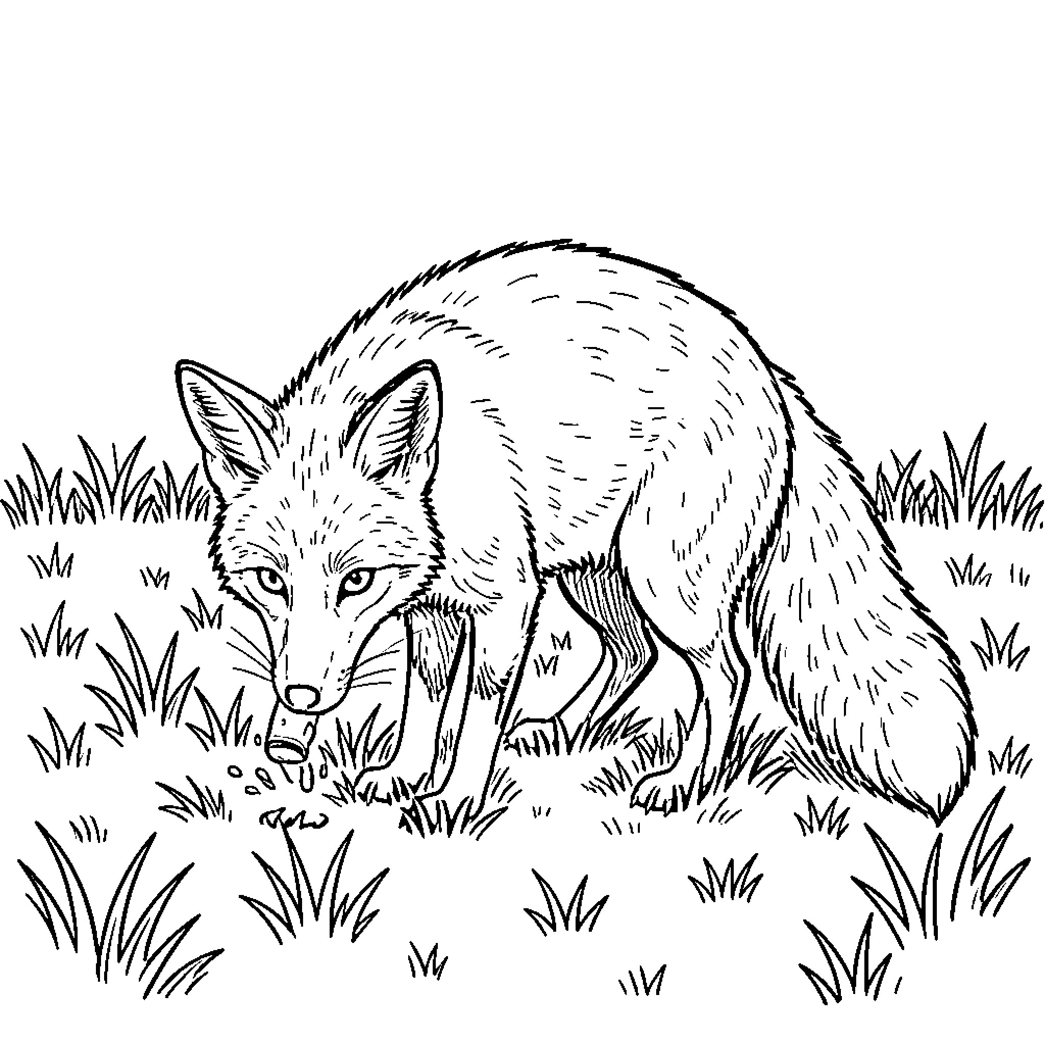 Fox sniffing the ground in a grassy field Coloring Page (free black-and-white line drawing printable PDF for all, from beginners to advanced learners, including children, teens, adults, and seniors)