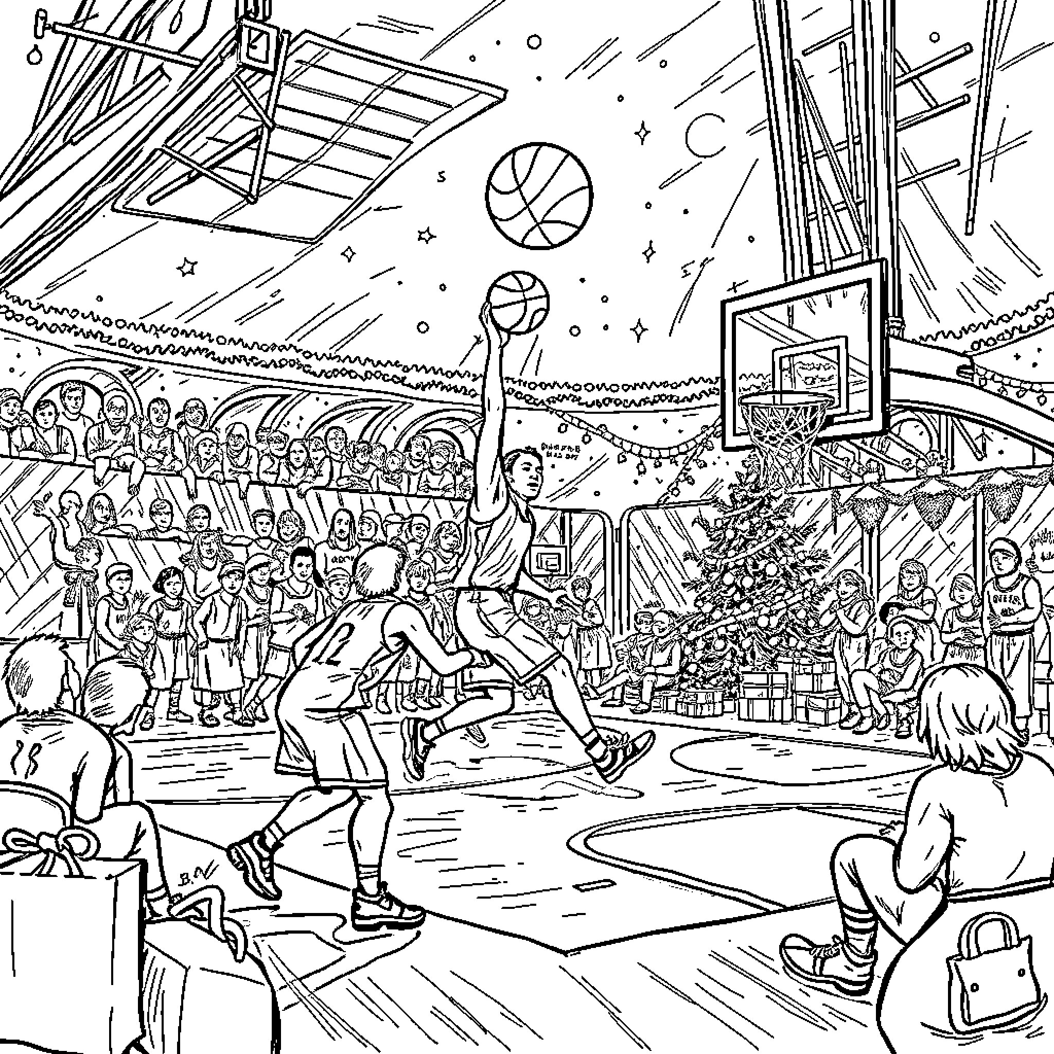 Basketball game filled with intense action and spectacle Coloring Page (free black-and-white line drawing printable PDF for all, from beginners to advanced learners, including children, teens, adults, and seniors)