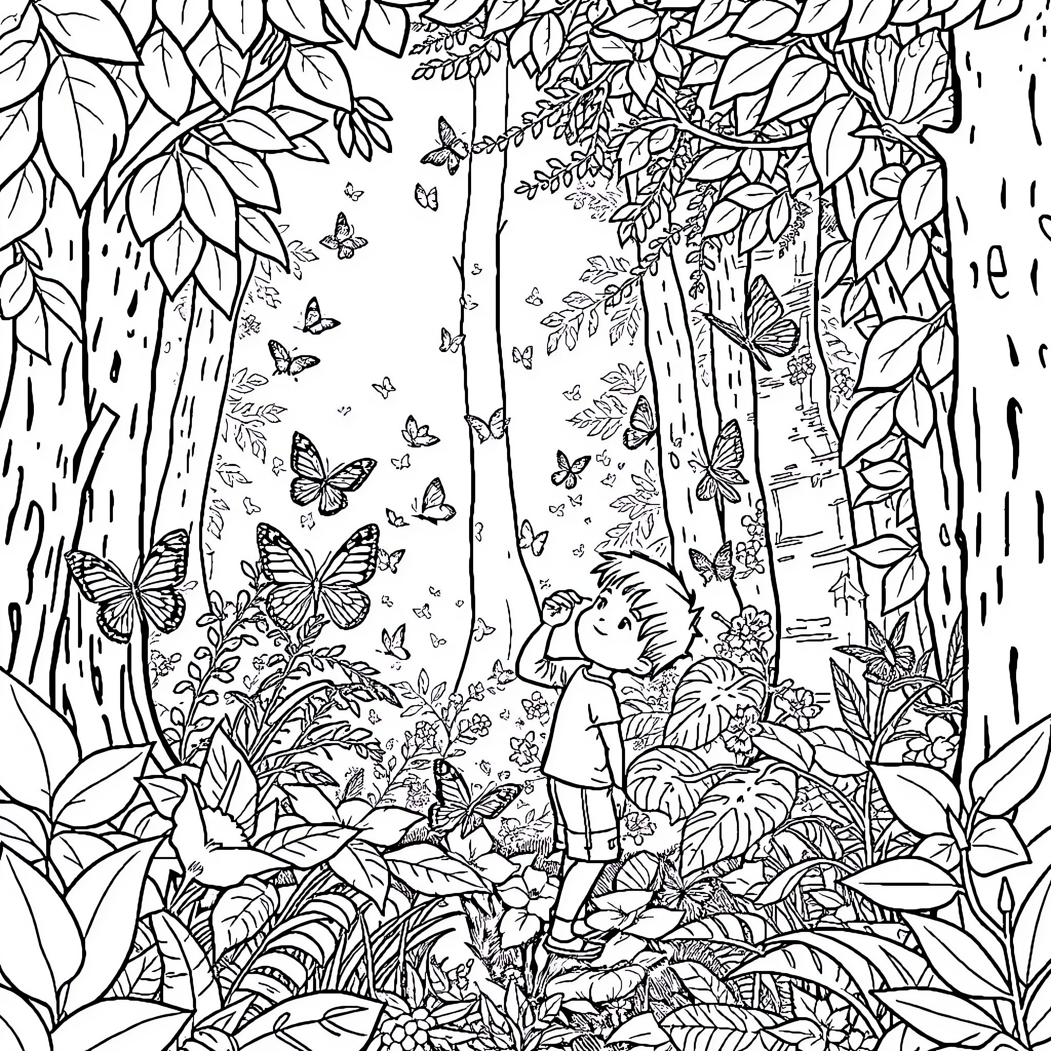 Boy exploring enchanted forest with butterflies Coloring Page (free black-and-white line drawing printable PDF for all, from beginners to advanced learners, including children, teens, adults, and seniors)