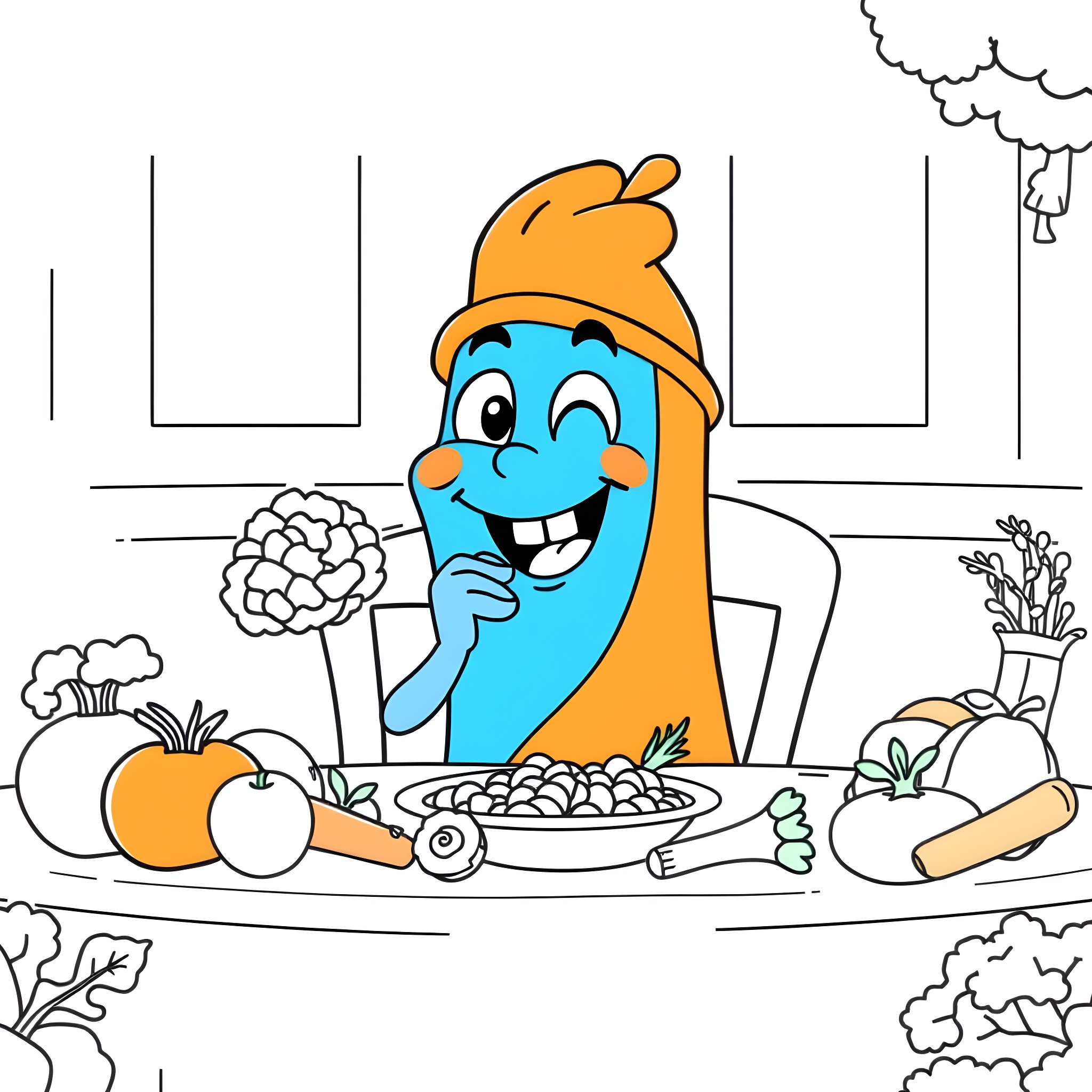 Blippi enjoying a nutritious meal with vegetables Coloring Page (free black-and-white line drawing printable PDF for all, from beginners to advanced learners, including children, teens, adults, and seniors)