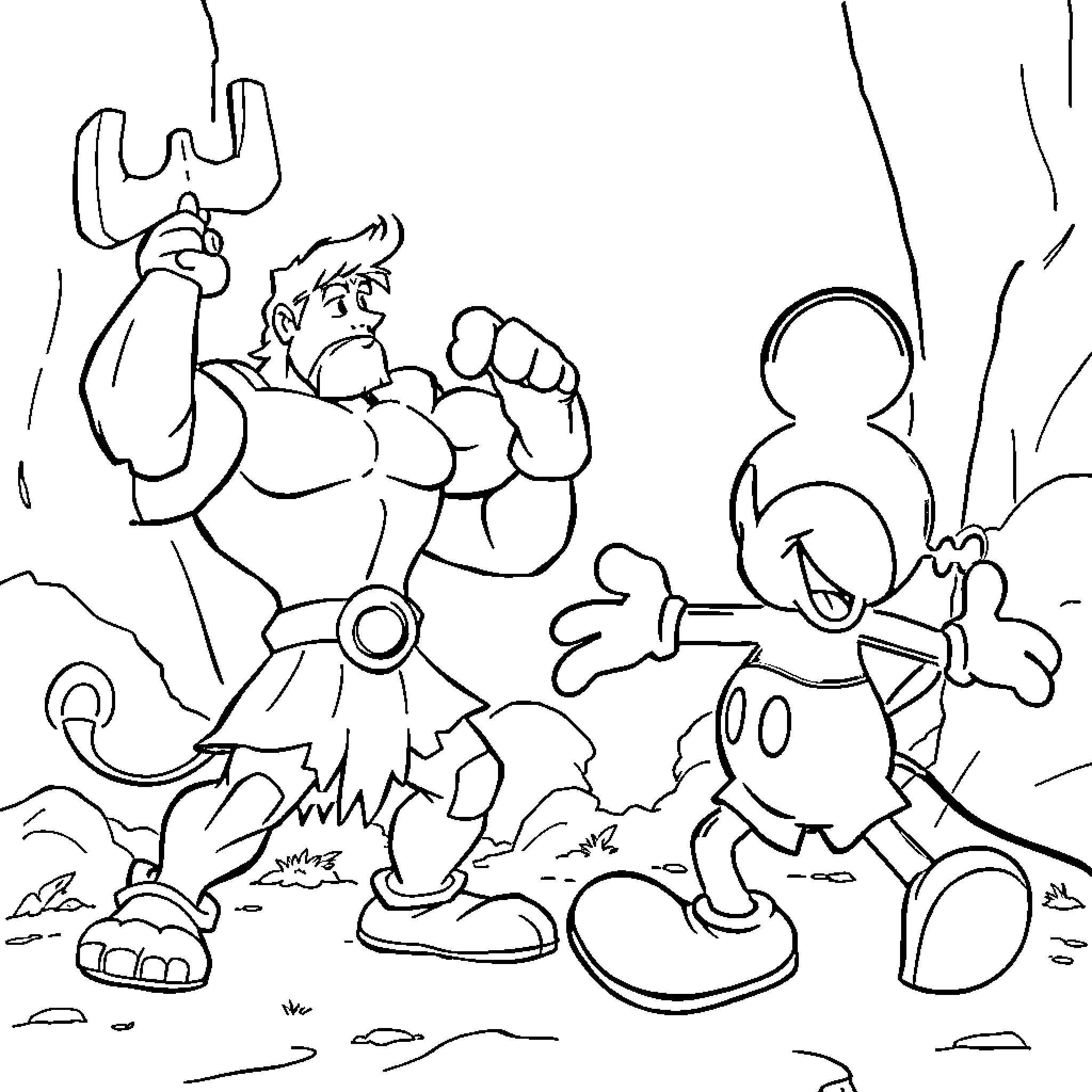 Hercules battling a monstrous foe while his sidekick looks on Coloring Page (free black-and-white line drawing printable PDF for all, from beginners to advanced learners, including children, teens, adults, and seniors)