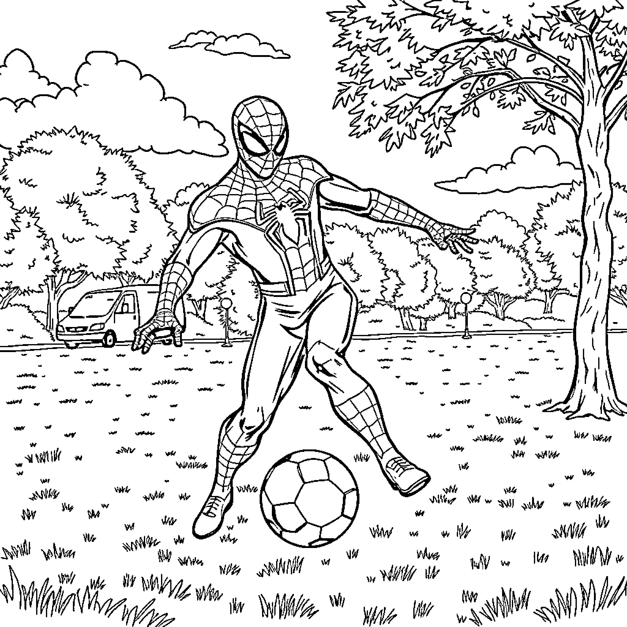 Spiderman playing soccer in the park Coloring Page (free black-and-white line drawing printable PDF for all, from beginners to advanced learners, including children, teens, adults, and seniors)