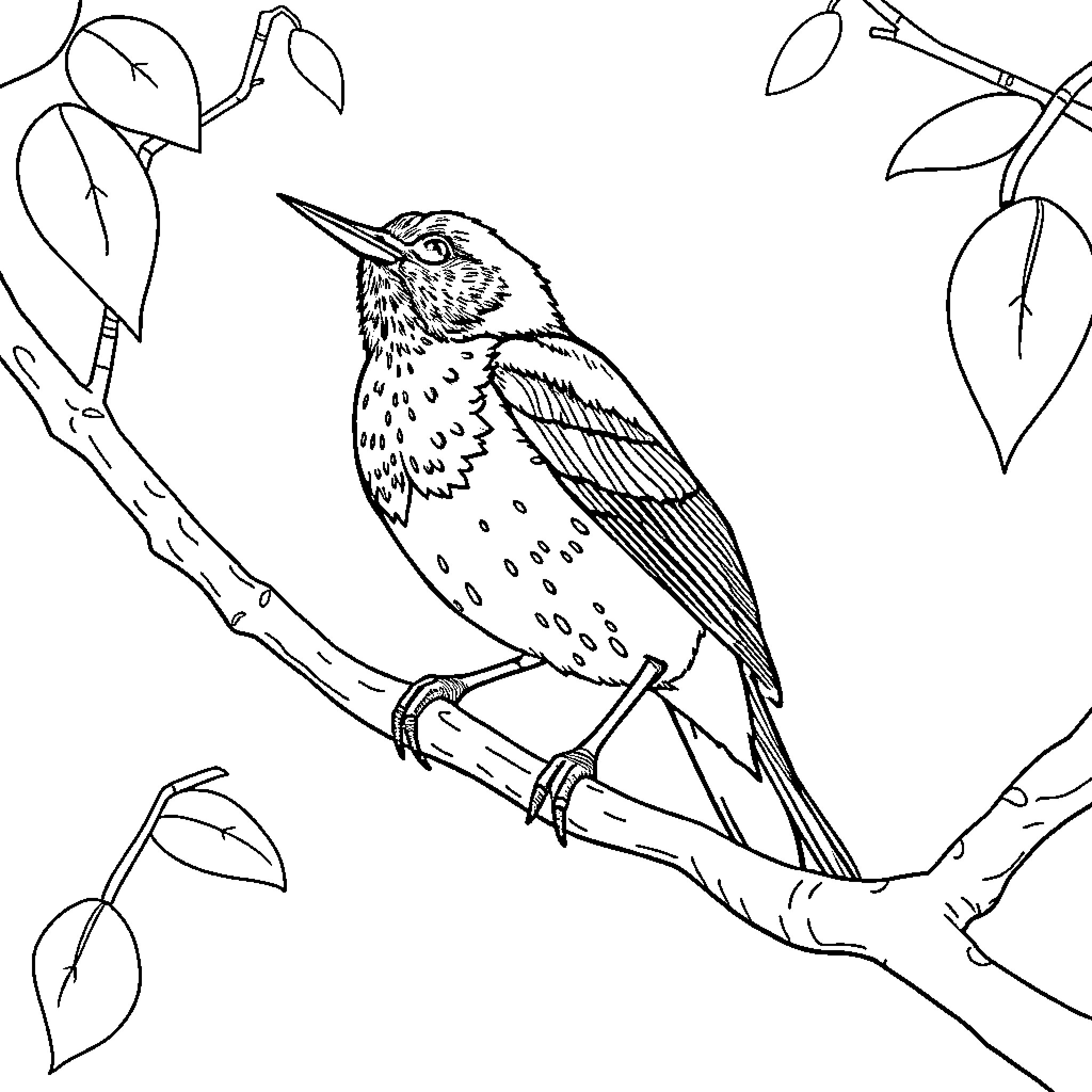 Smoking Bird Perched on Branch with Leaves Coloring Page (free black-and-white line drawing printable PDF for all, from beginners to advanced learners, including children, teens, adults, and seniors)
