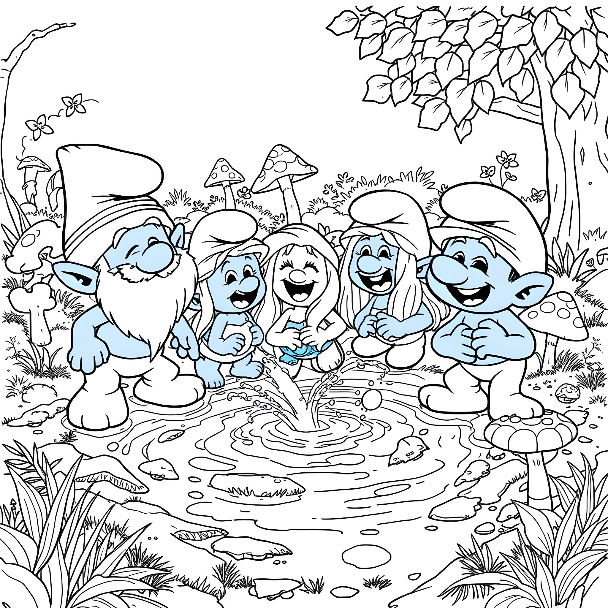 Troll family enjoying forest scenery Coloring Page (free black-and-white line drawing printable PDF for all, from beginners to advanced learners, including children, teens, adults, and seniors)