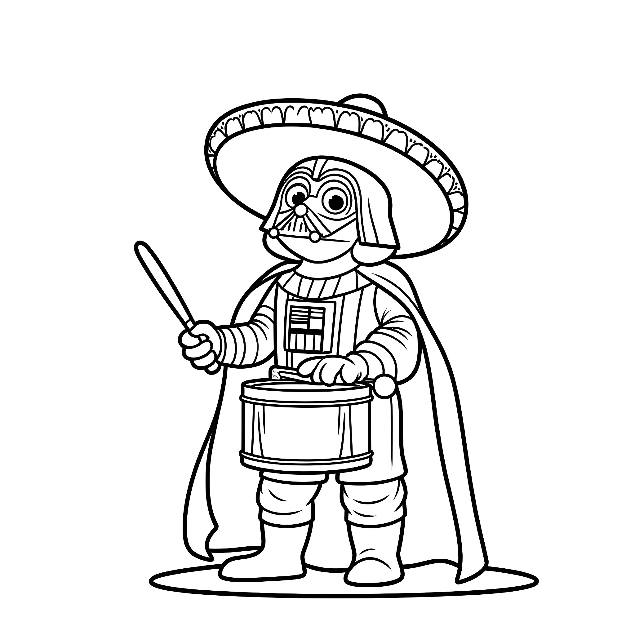 Darth Vader in Colorful Mexican Outfit and Sombrero Coloring Page (free black-and-white line drawing printable PDF for all, from beginners to advanced learners, including children, teens, adults, and seniors)