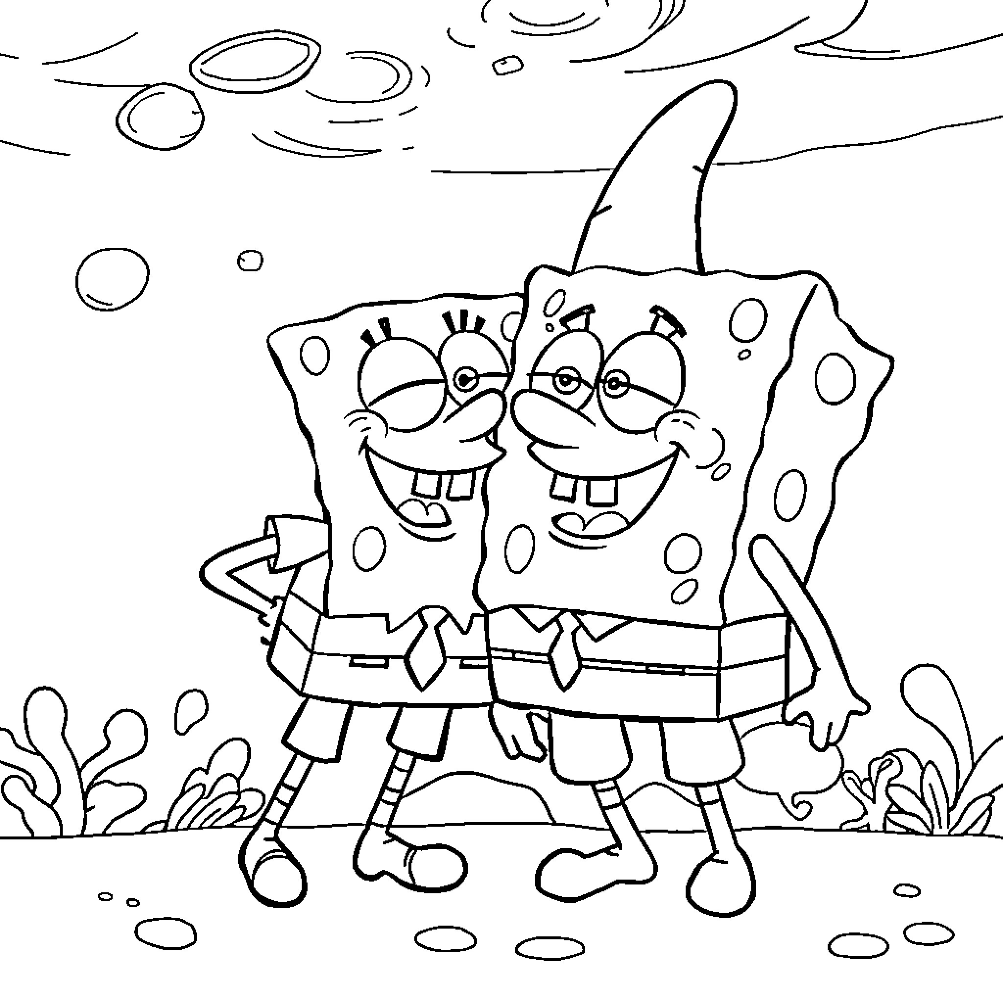 Spongebob and Patrick's underwater adventure Coloring Page (free black-and-white line drawing printable PDF for all, from beginners to advanced learners, including children, teens, adults, and seniors)