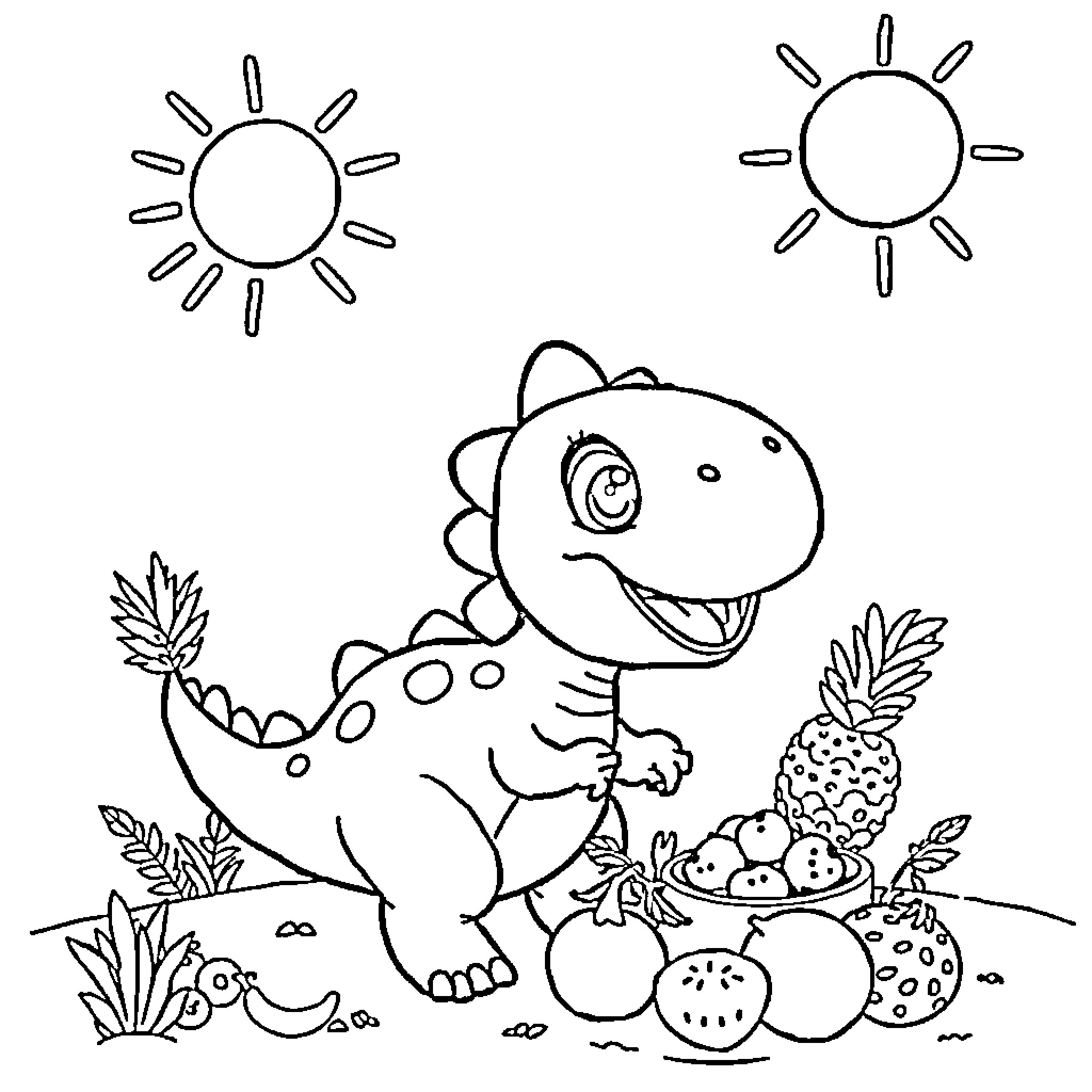 Dinosaur enjoying tropical fruits in the sunshine Coloring Page (free black-and-white line drawing printable PDF for all, from beginners to advanced learners, including children, teens, adults, and seniors)