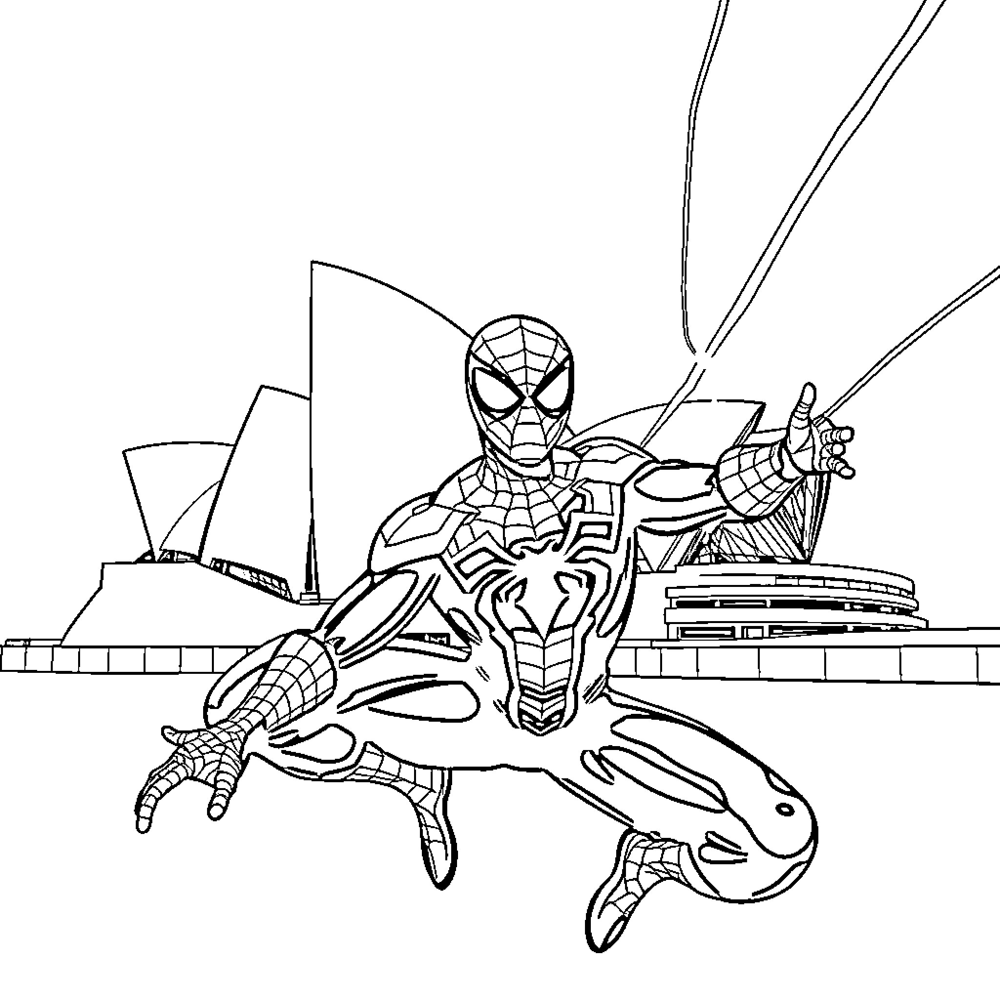 Spiderman swinging through the city with his web Coloring Page (free black-and-white line drawing printable PDF for all, from beginners to advanced learners, including children, teens, adults, and seniors)