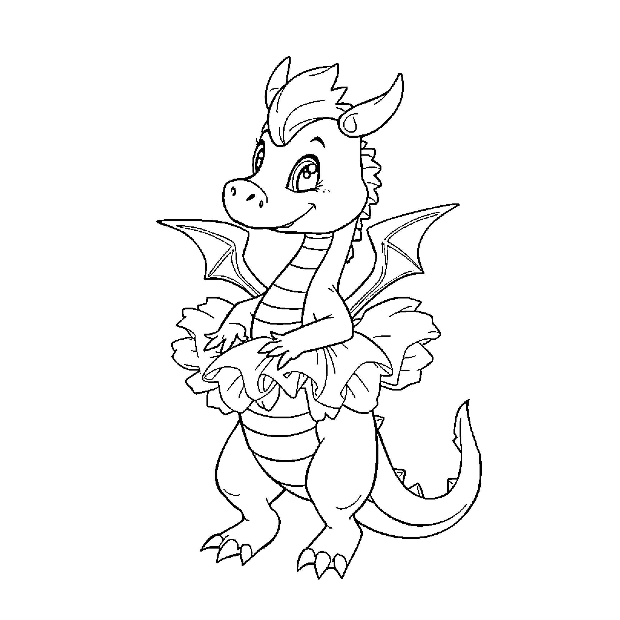 Dragon with floral costume waving happily Coloring Page (free black-and-white line drawing printable PDF for all, from beginners to advanced learners, including children, teens, adults, and seniors)