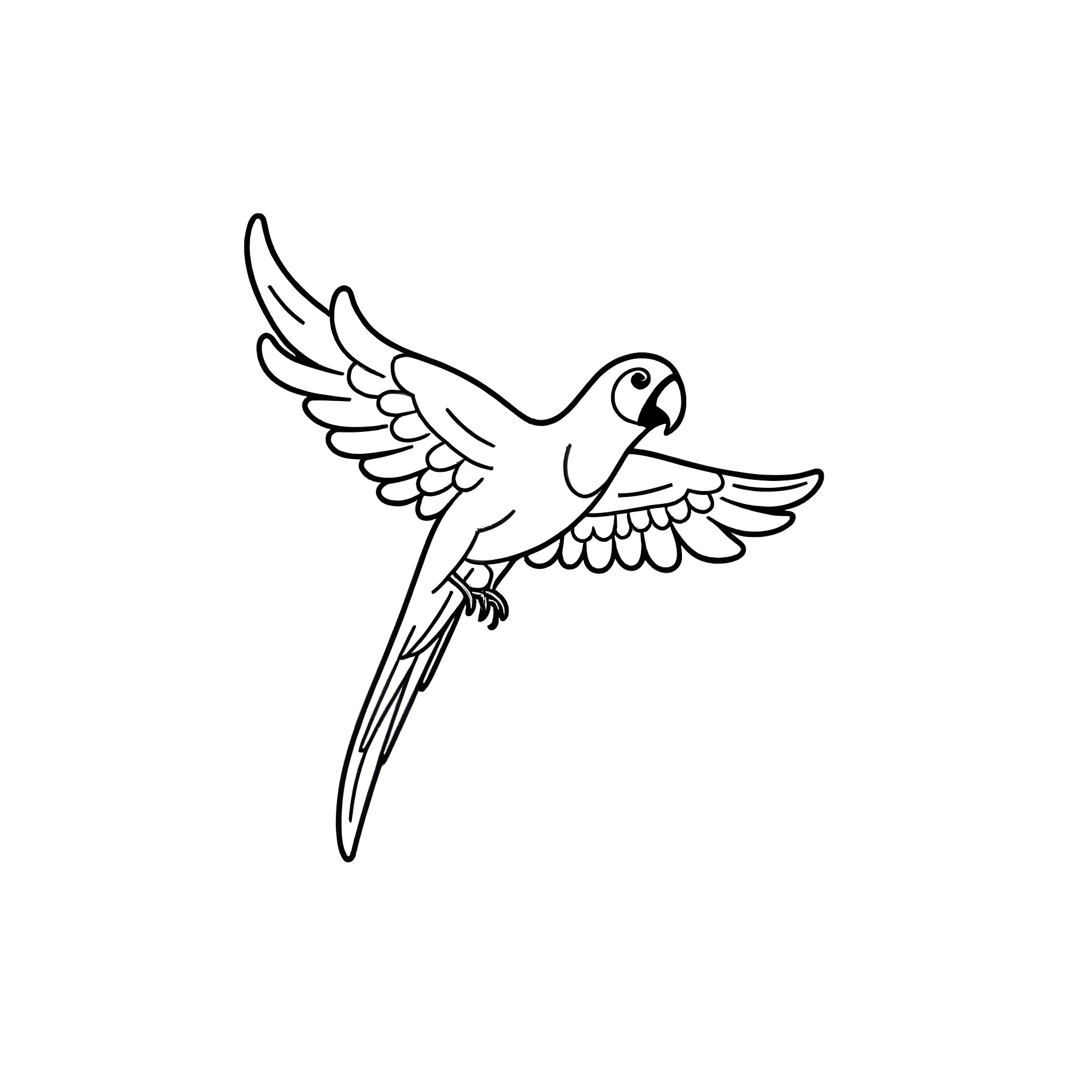 Parrot in flight with outstretched wings Coloring Page (free black-and-white line drawing printable PDF for all, from beginners to advanced learners, including children, teens, adults, and seniors)