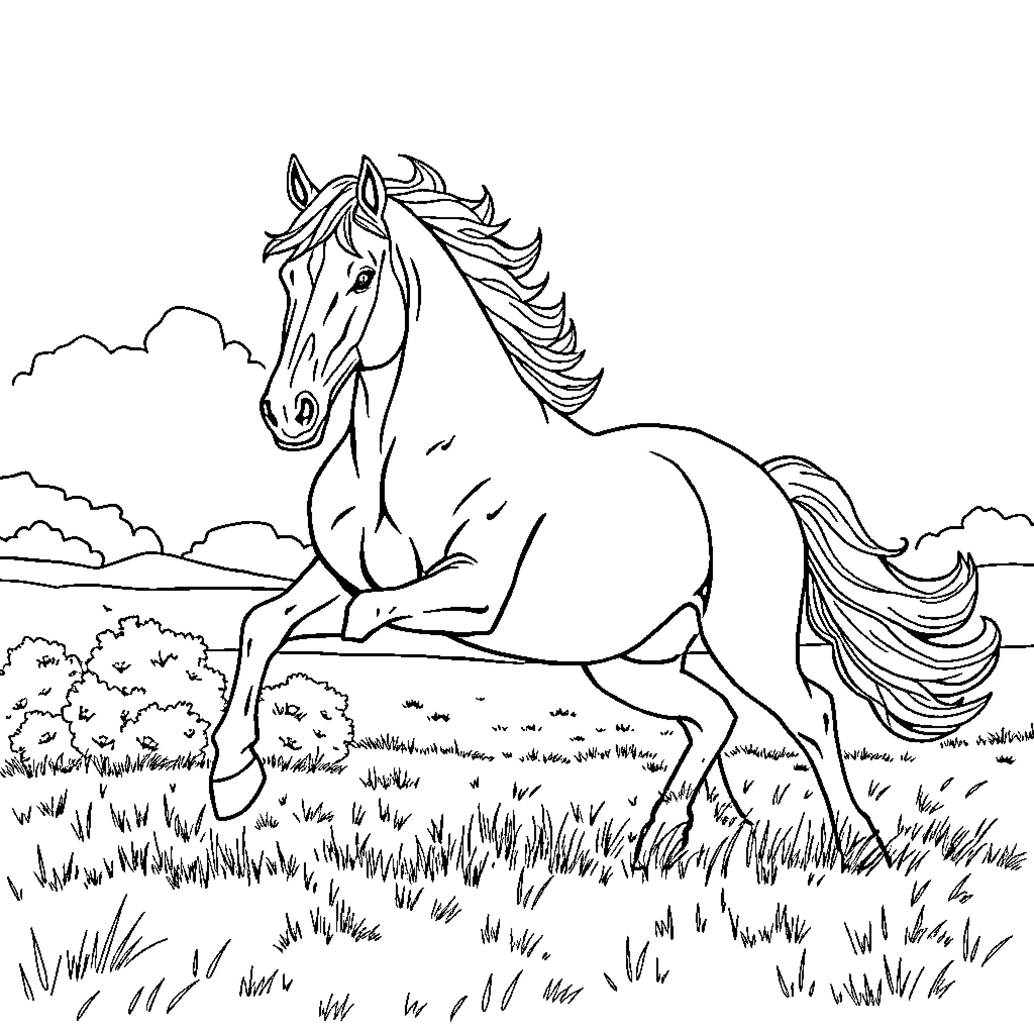 Horse galloping through lush meadow Coloring Page (free black-and-white line drawing printable PDF for all, from beginners to advanced learners, including children, teens, adults, and seniors)