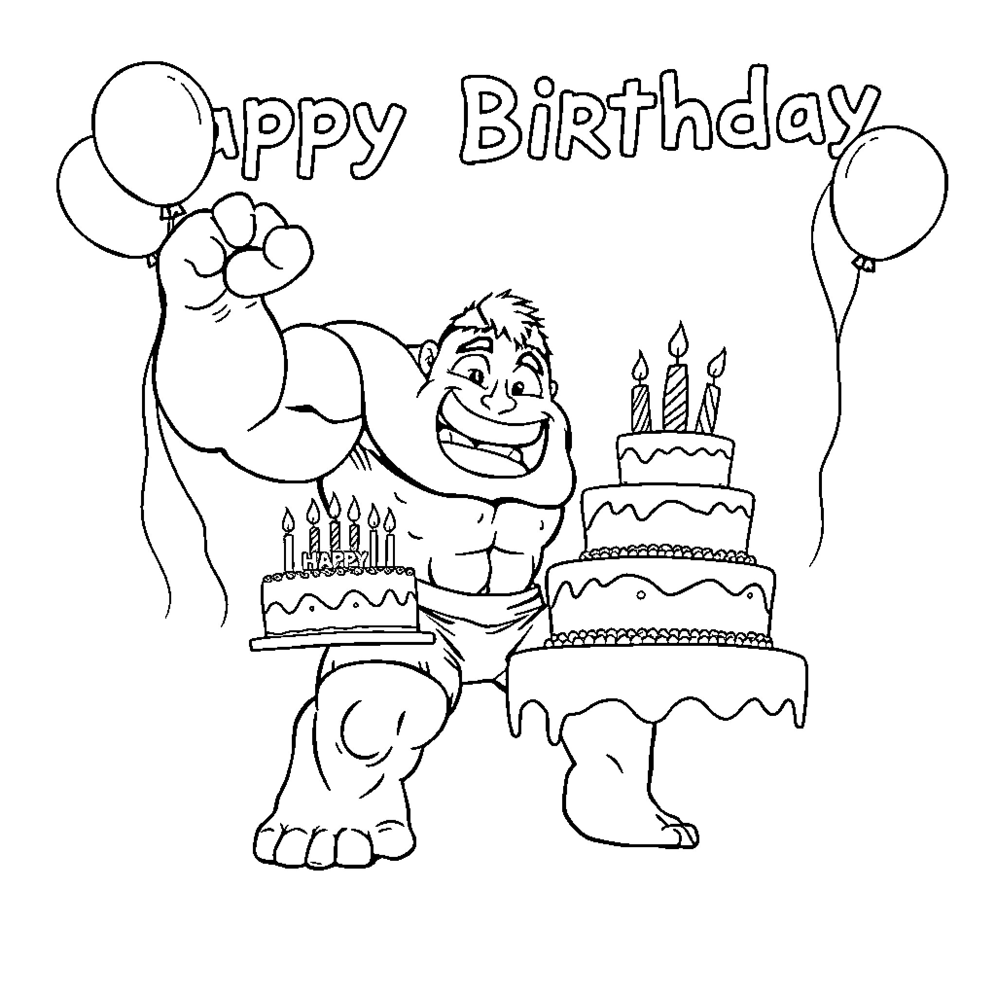 Hulk celebrating a joyous birthday with a cake and balloons Coloring Page (free black-and-white line drawing printable PDF for all, from beginners to advanced learners, including children, teens, adults, and seniors)