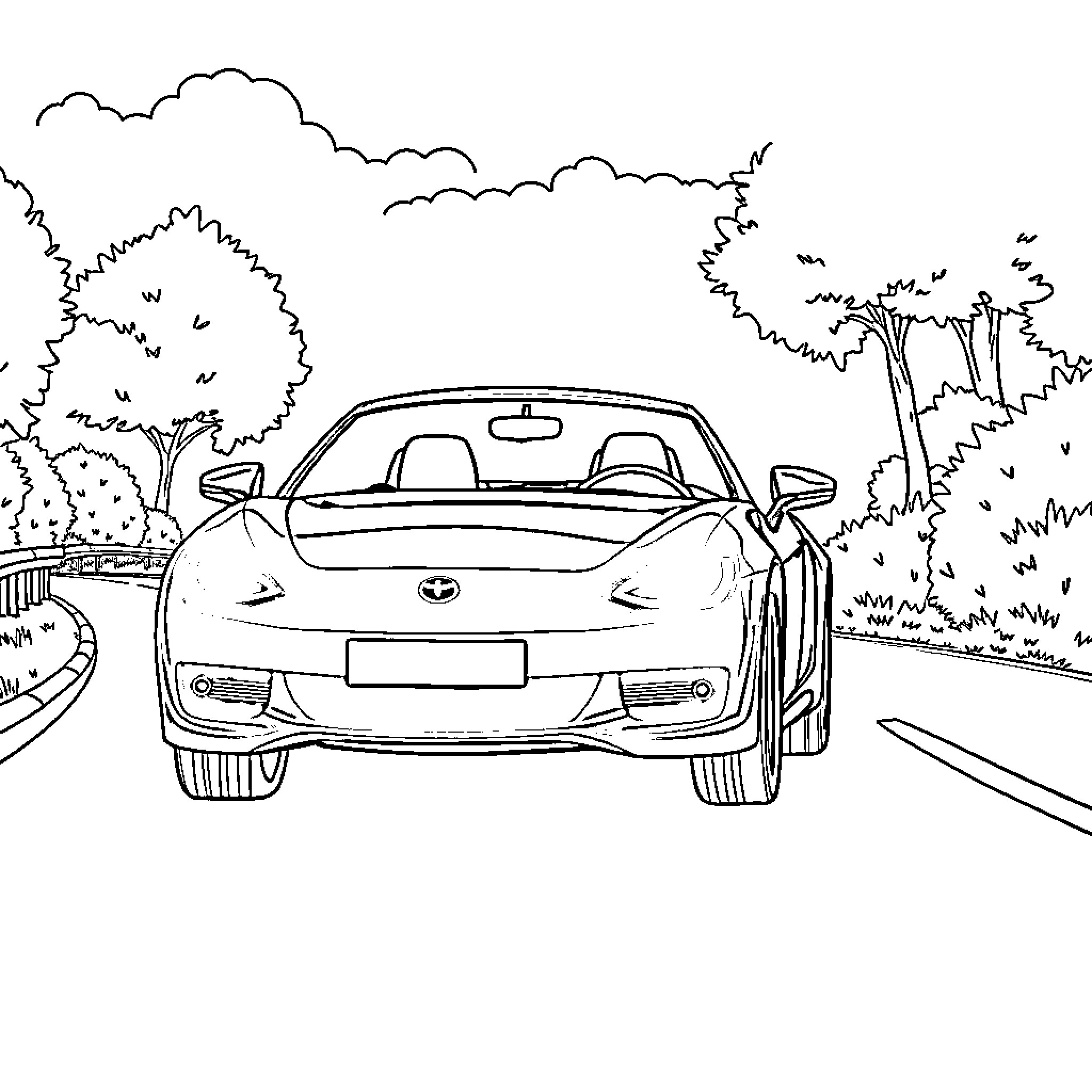 Car driving down a scenic road Coloring Page (free black-and-white line drawing printable PDF for all, from beginners to advanced learners, including children, teens, adults, and seniors)