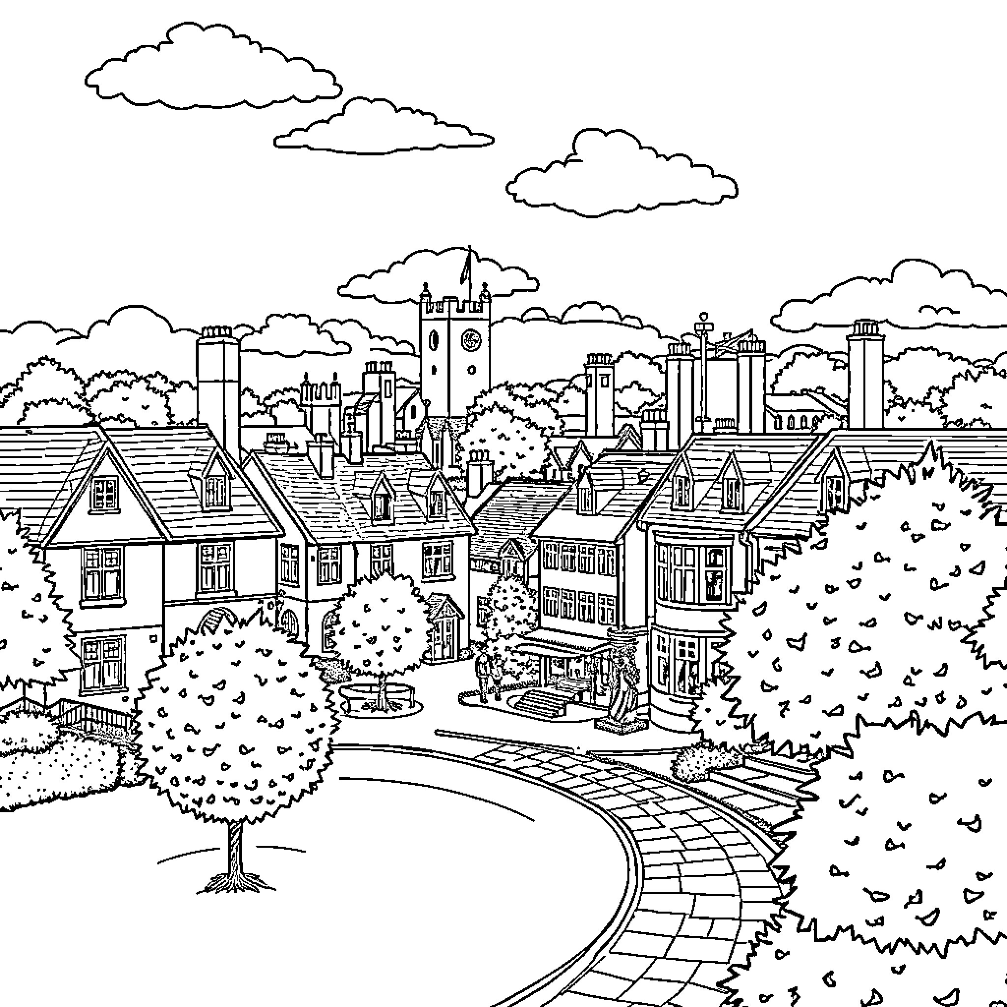 Evesham: Charming Town with Historic Buildings and Picturesque Scenery Coloring Page (free black-and-white line drawing printable PDF for all, from beginners to advanced learners, including children, teens, adults, and seniors)