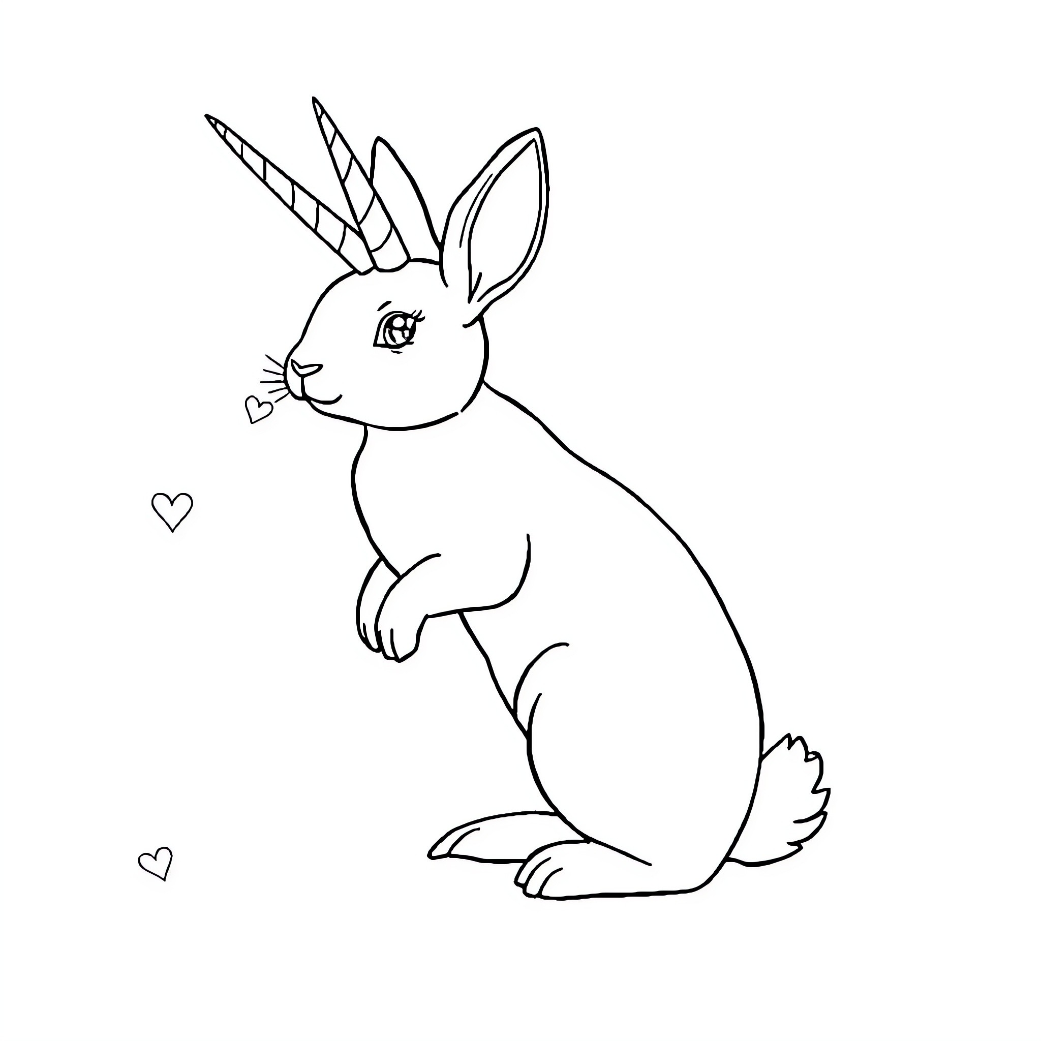 Rabbit with unicorn horn looking cheerful Coloring Page (free black-and-white line drawing printable PDF for all, from beginners to advanced learners, including children, teens, adults, and seniors)