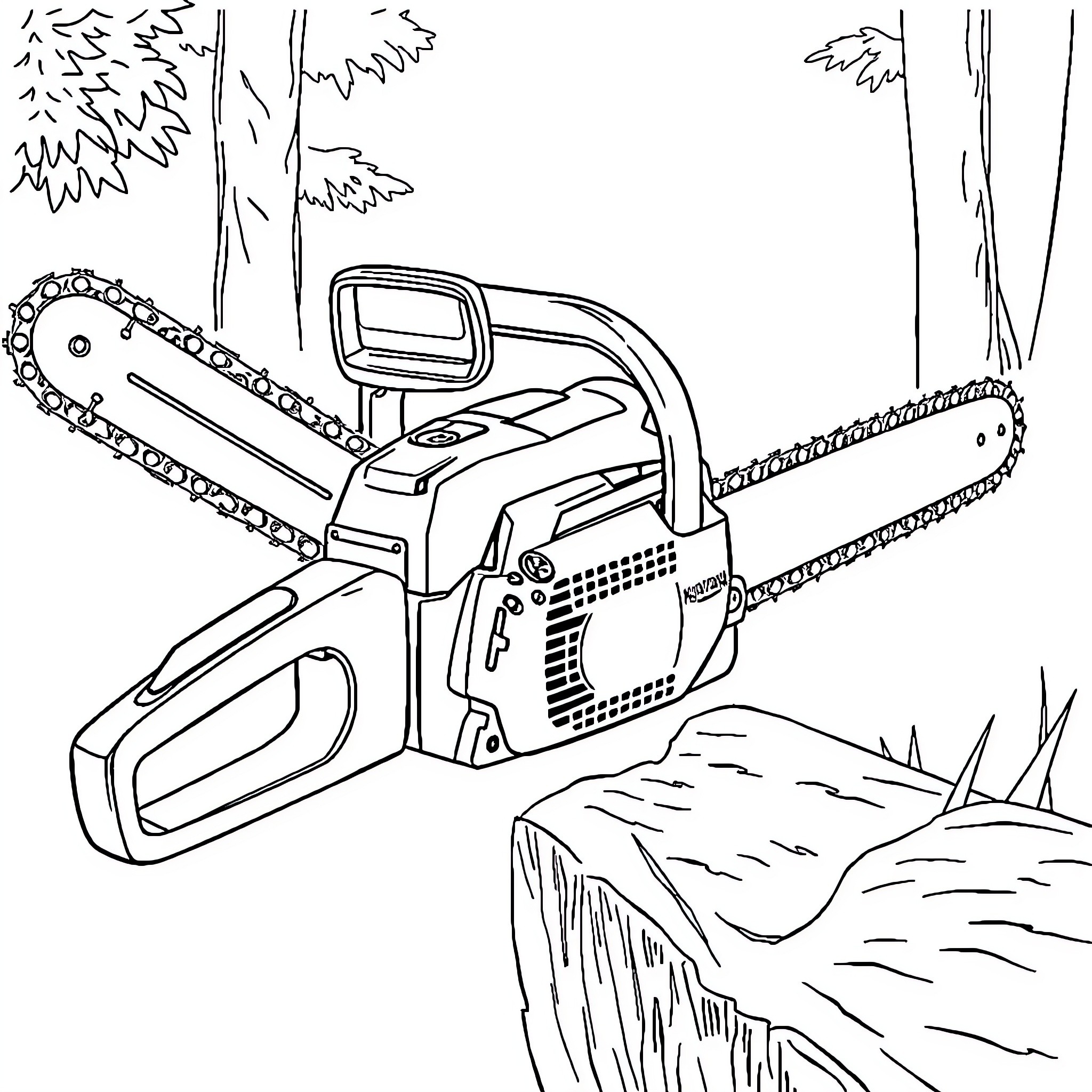 Husqvarna chainsaw in forest setting Coloring Page (free black-and-white line drawing printable PDF for all, from beginners to advanced learners, including children, teens, adults, and seniors)