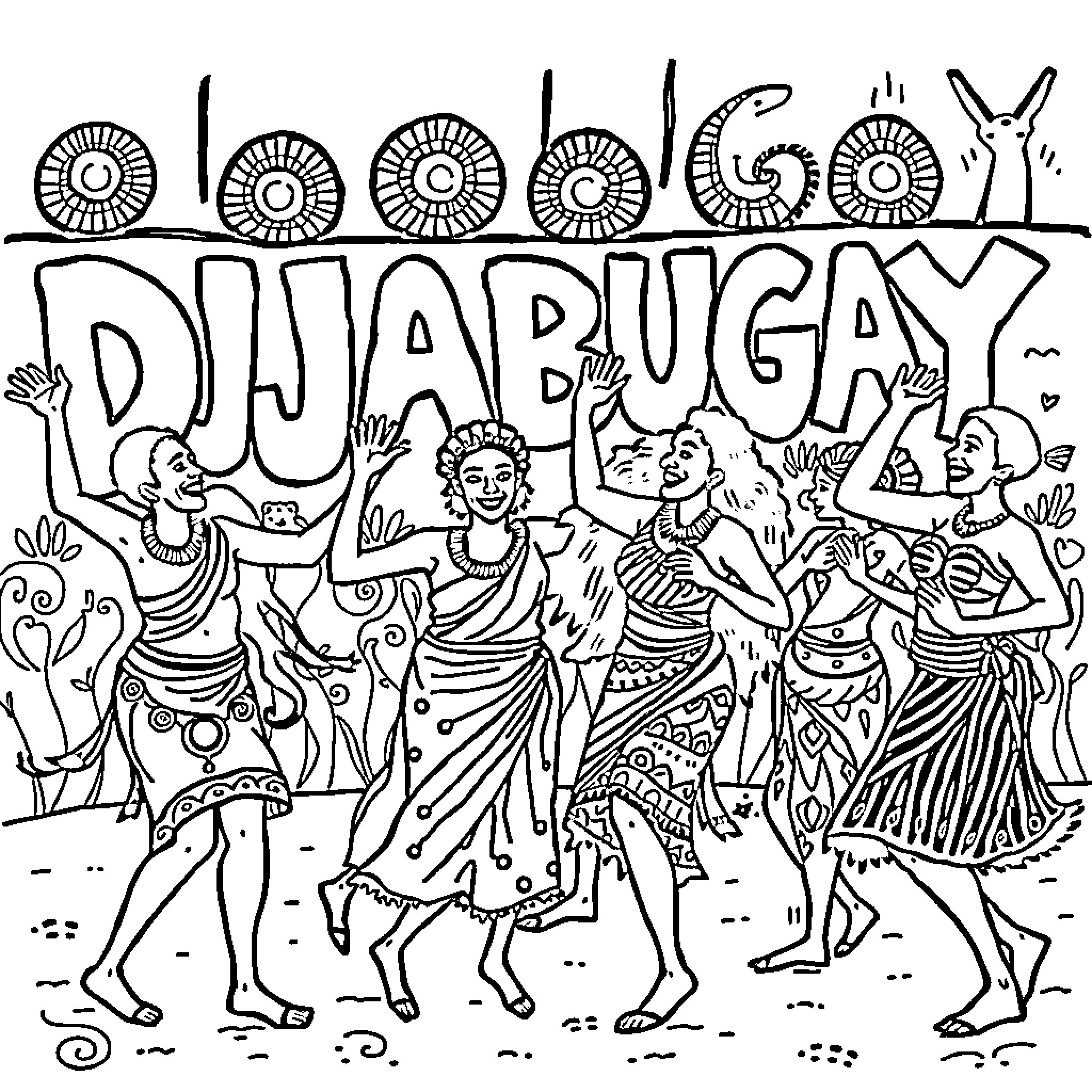 Aboriginal People Celebrating with Vibrant Dances and Costumes Coloring Page (free black-and-white line drawing printable PDF for all, from beginners to advanced learners, including children, teens, adults, and seniors)