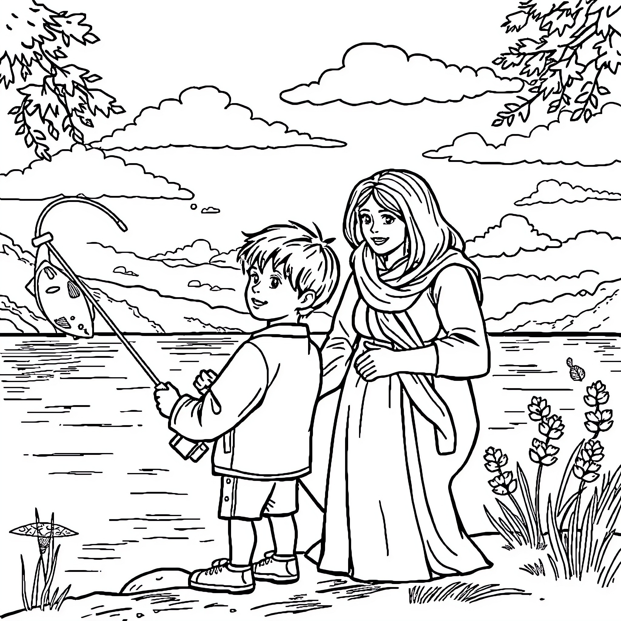 Boy and Mother Fishing by the Lake Coloring Page (free black-and-white line drawing printable PDF for all, from beginners to advanced learners, including children, teens, adults, and seniors)