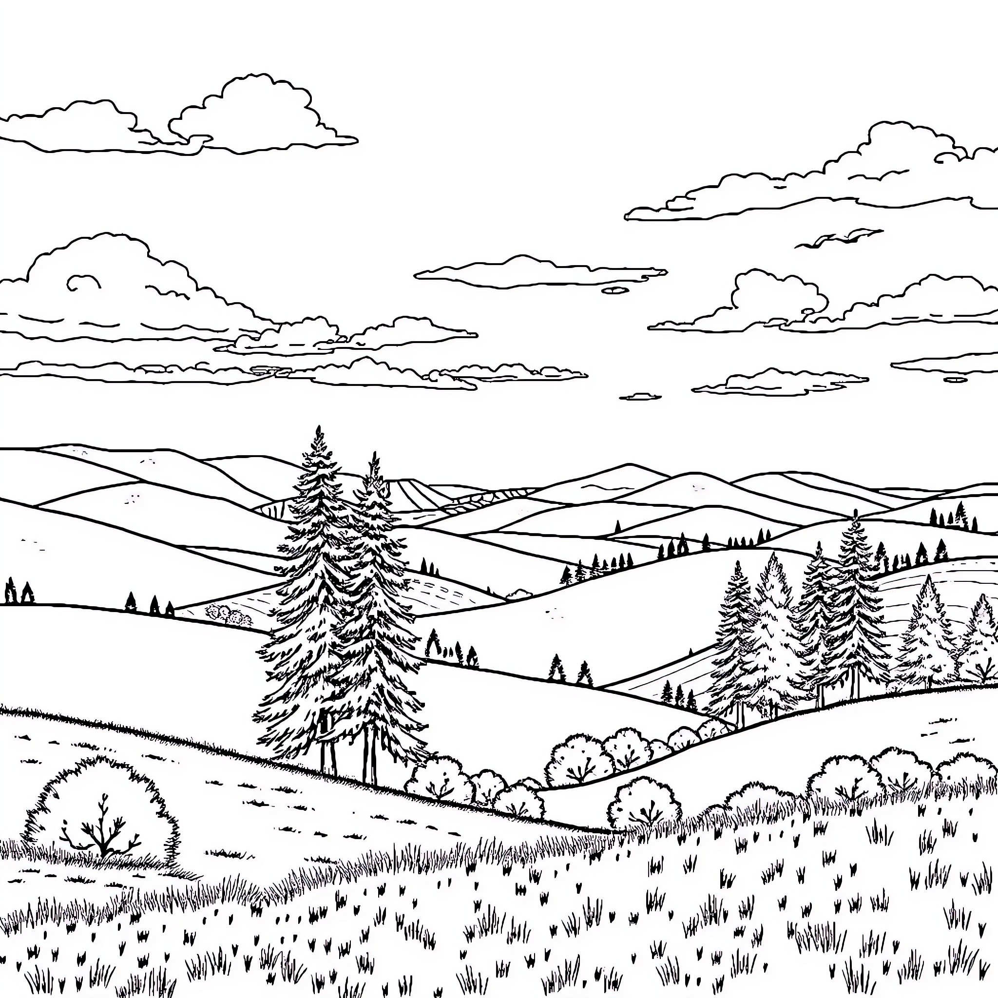 Scenery of a serene mountain landscape Coloring Page (free black-and-white line drawing printable PDF for all, from beginners to advanced learners, including children, teens, adults, and seniors)