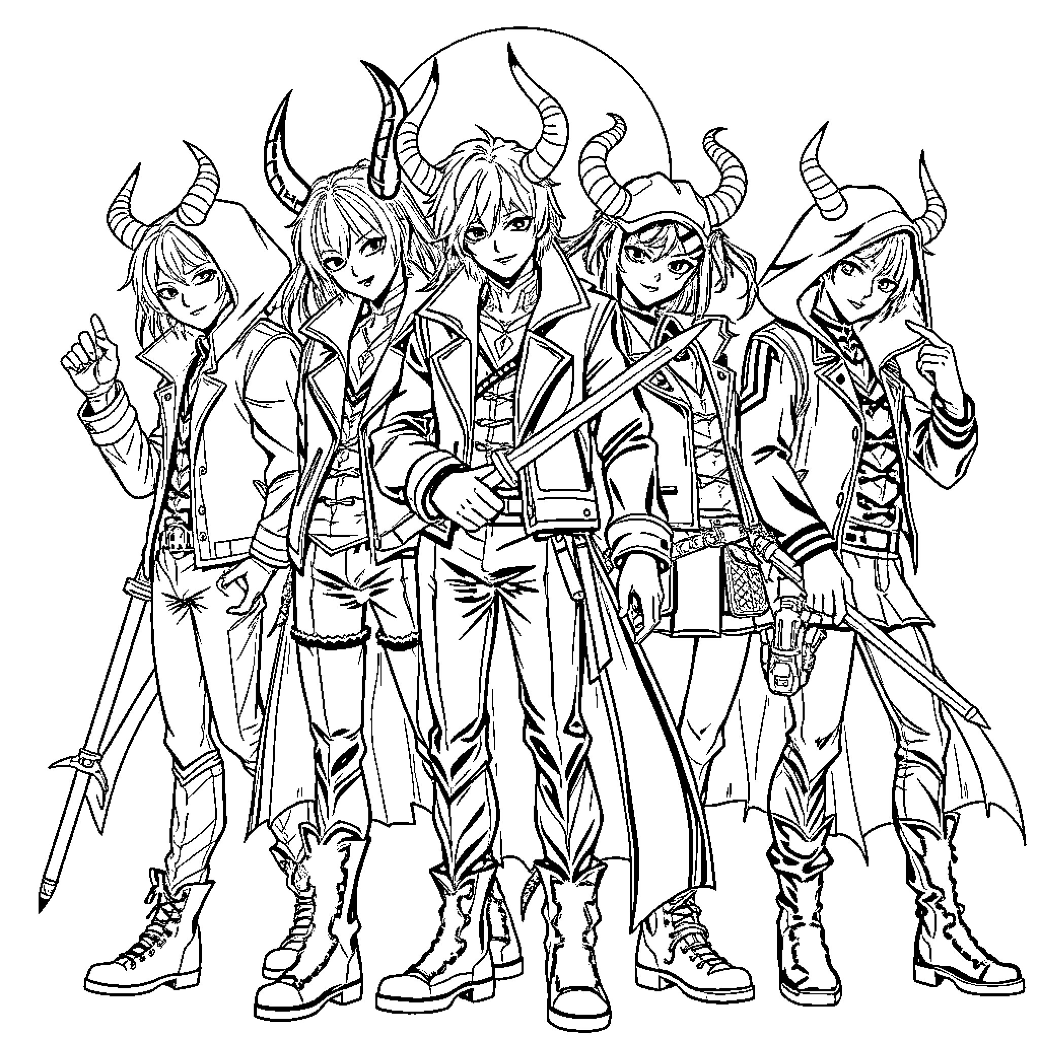Demon Hunters in Dramatic Poses and Outfits Coloring Page (free black-and-white line drawing printable PDF for all, from beginners to advanced learners, including children, teens, adults, and seniors)