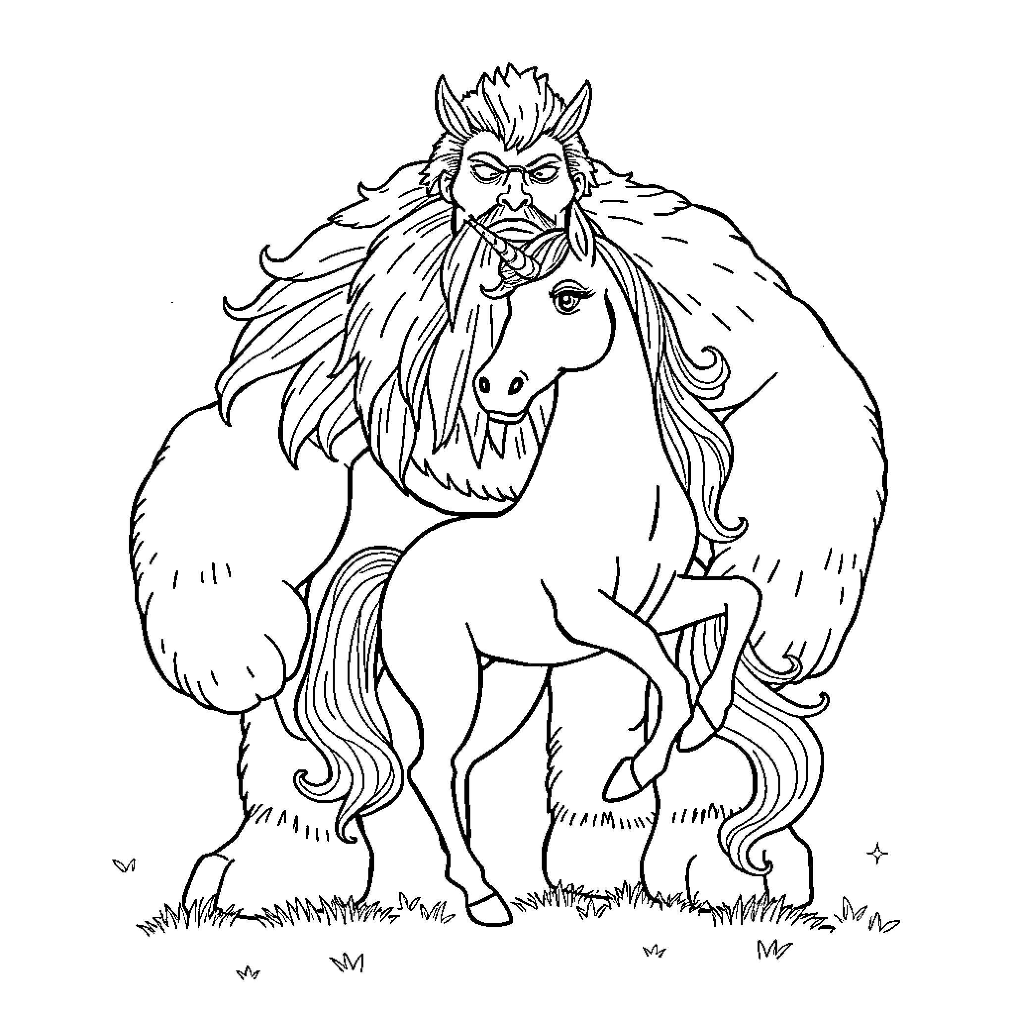 Unicorn and its wild-haired rider Coloring Page (free black-and-white line drawing printable PDF for all, from beginners to advanced learners, including children, teens, adults, and seniors)