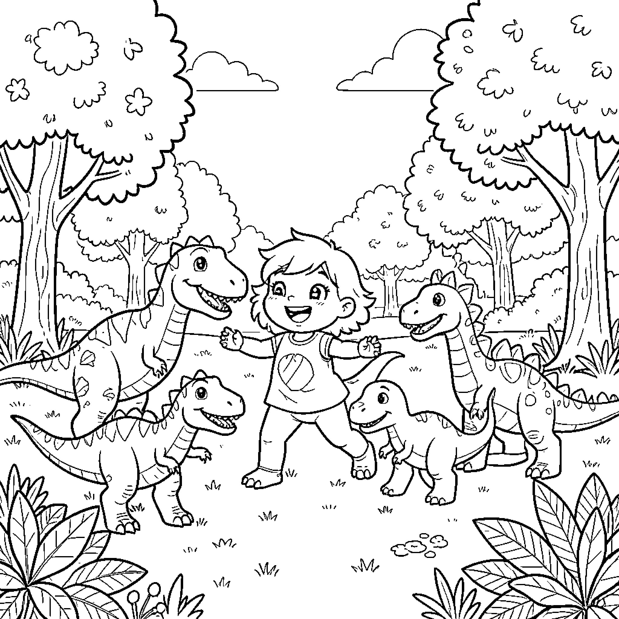 Dinosaur friends playing joyfully in the forest Coloring Page (free black-and-white line drawing printable PDF for all, from beginners to advanced learners, including children, teens, adults, and seniors)