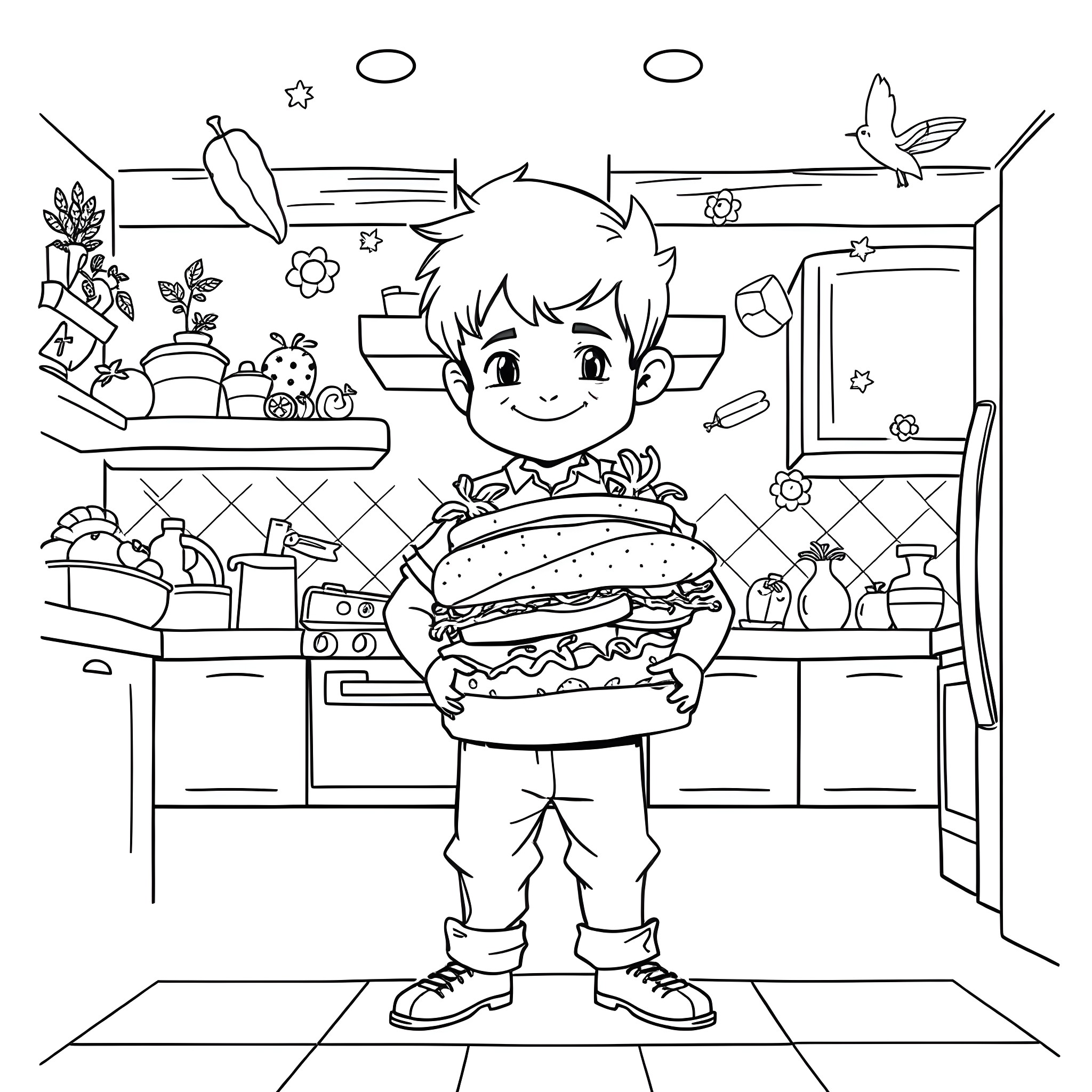 Mason's Happy Meal Time in the Kitchen Coloring Page (free black-and-white line drawing printable PDF for all, from beginners to advanced learners, including children, teens, adults, and seniors)