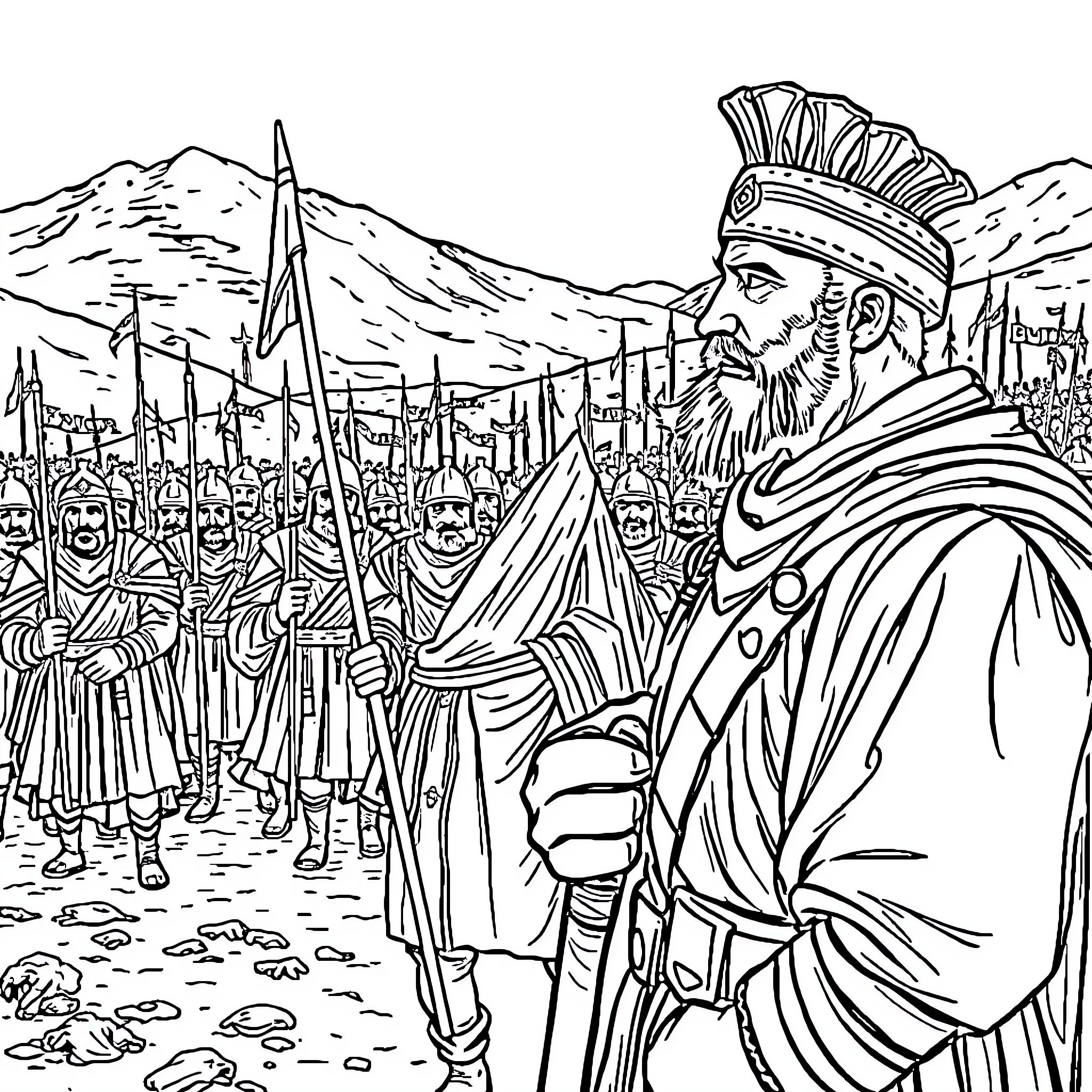 Judas Maccabees leading his army into battle Coloring Page (free black-and-white line drawing printable PDF for all, from beginners to advanced learners, including children, teens, adults, and seniors)