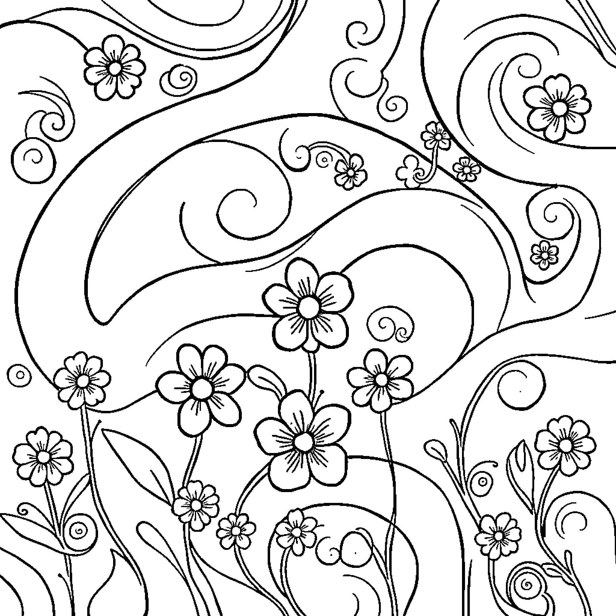 Wave of Floral Patterns and Swirls Coloring Page (free black-and-white line drawing printable PDF for all, from beginners to advanced learners, including children, teens, adults, and seniors)