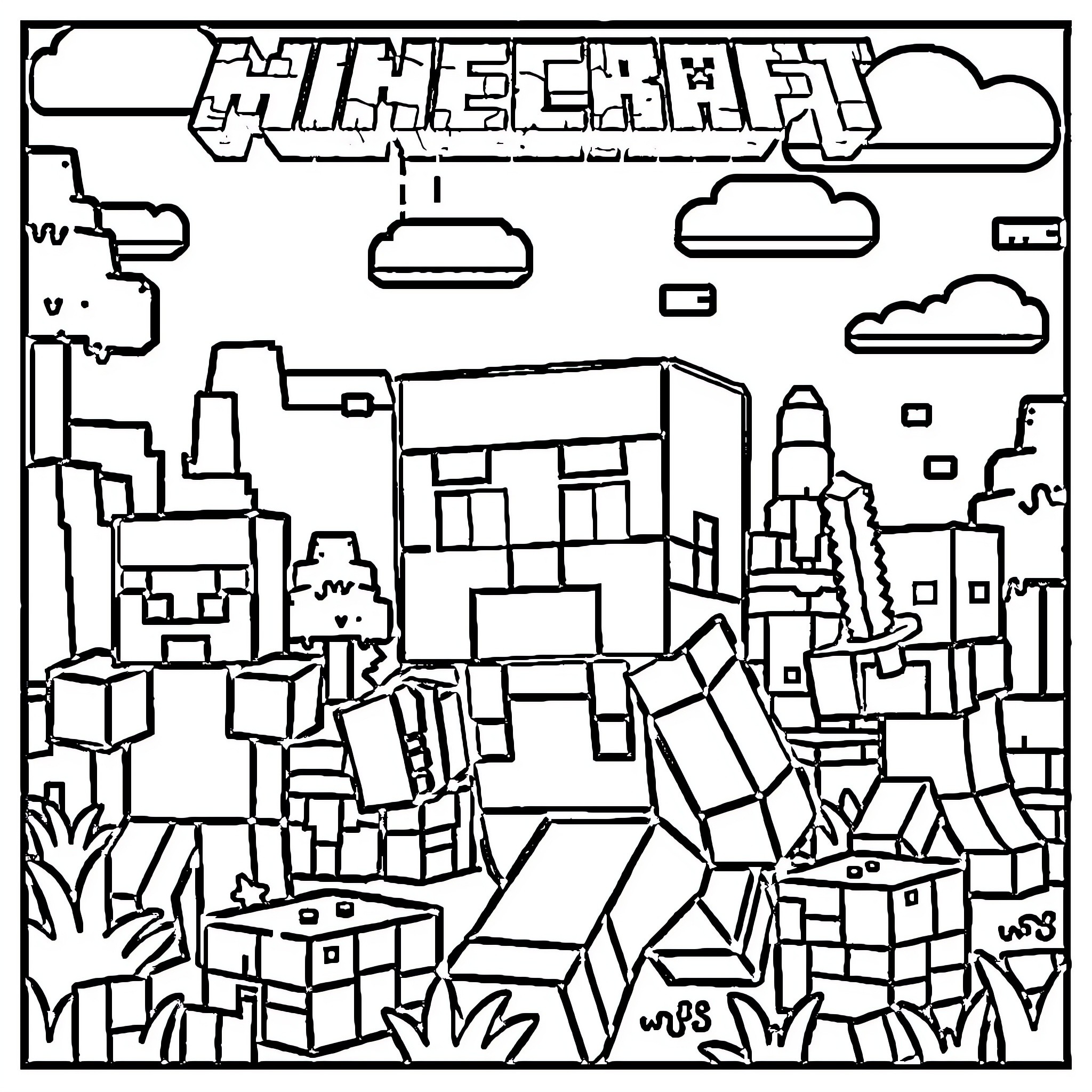 Minecraft city with characters and structures Coloring Page (free black-and-white line drawing printable PDF for all, from beginners to advanced learners, including children, teens, adults, and seniors)