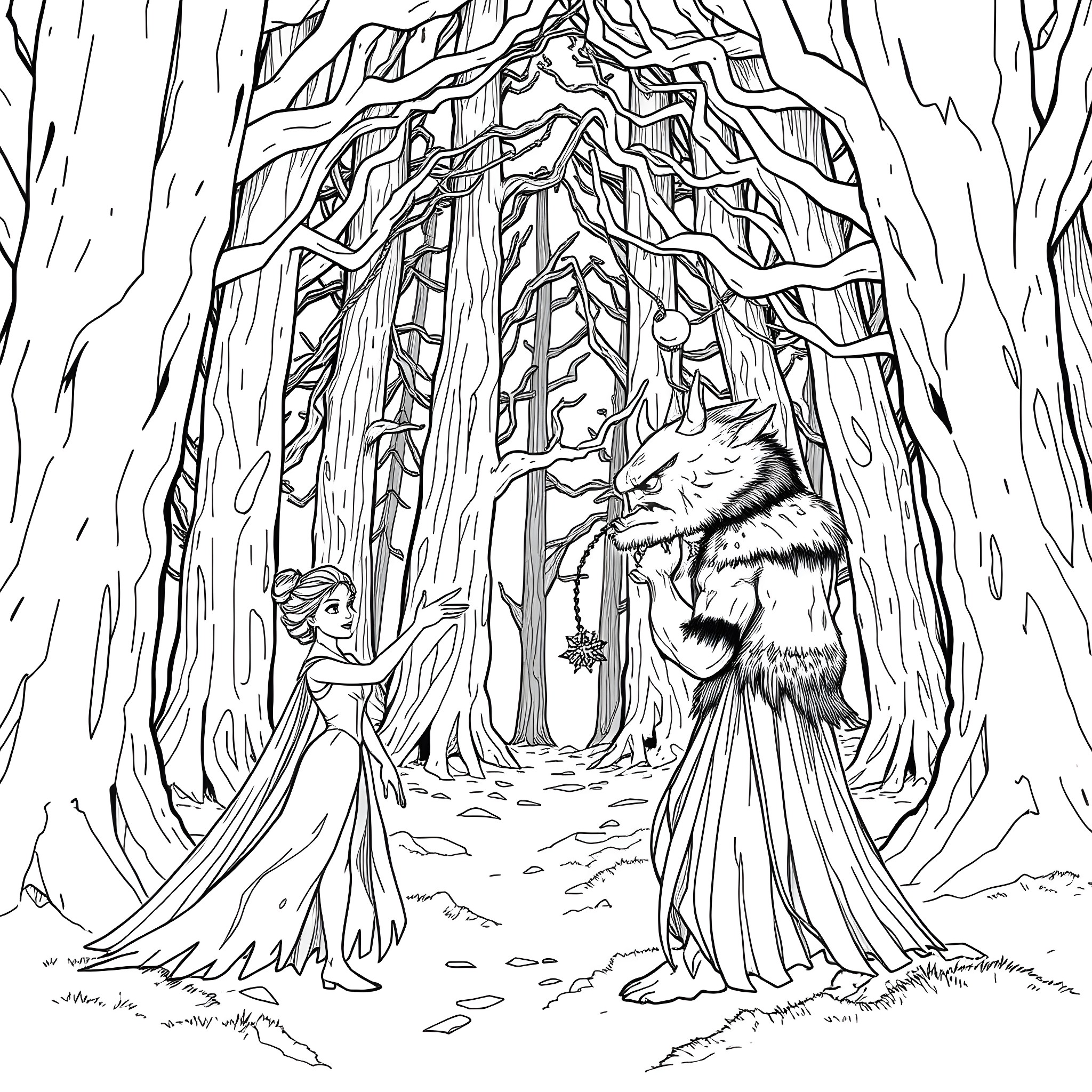 Elsa and the Enchanted Forest Coloring Page (free black-and-white line drawing printable PDF for all, from beginners to advanced learners, including children, teens, adults, and seniors)