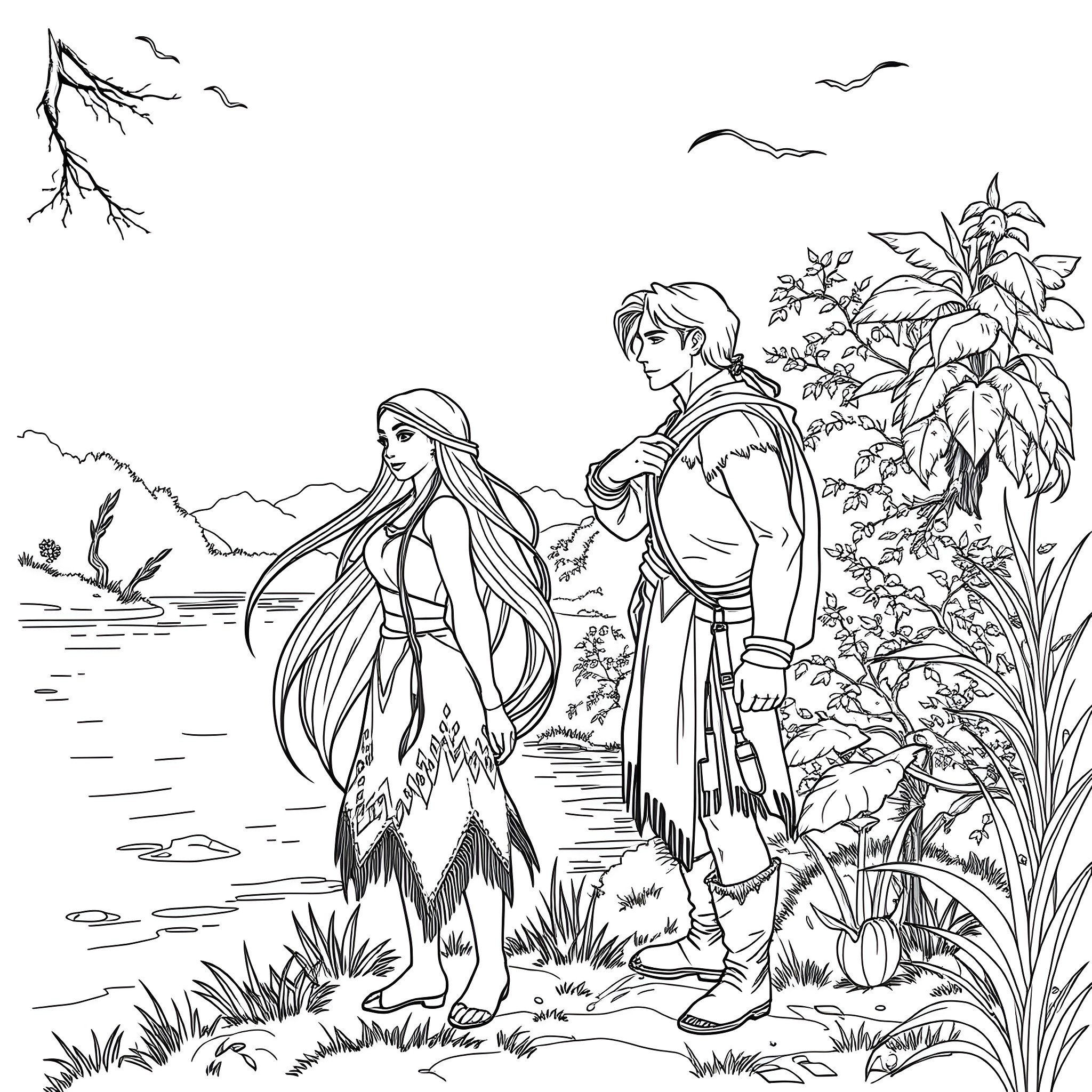 Pocahontas and John Smith explore the wilderness together Coloring Page (free black-and-white line drawing printable PDF for all, from beginners to advanced learners, including children, teens, adults, and seniors)