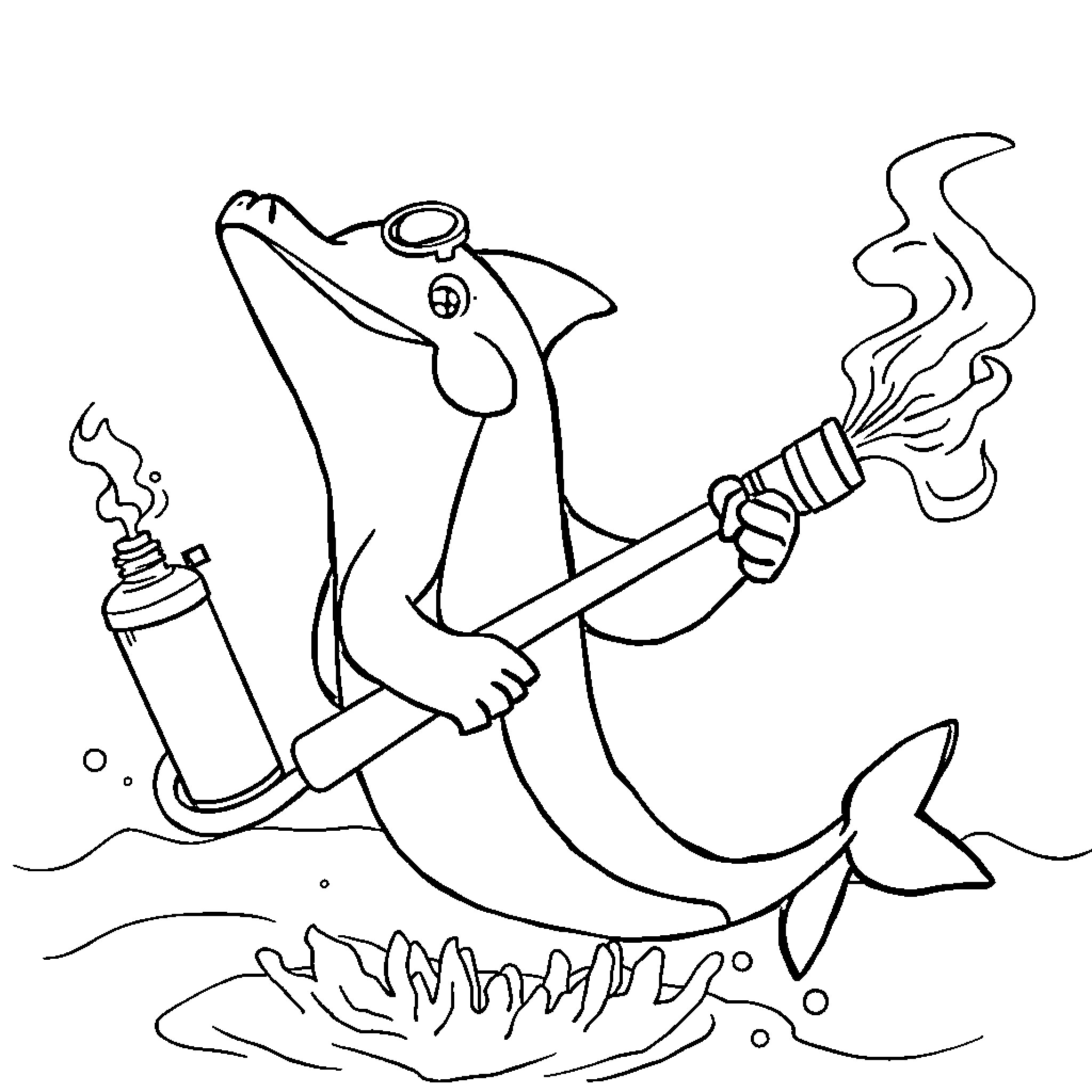 Dolphin using a spray can in the ocean Coloring Page (free black-and-white line drawing printable PDF for all, from beginners to advanced learners, including children, teens, adults, and seniors)
