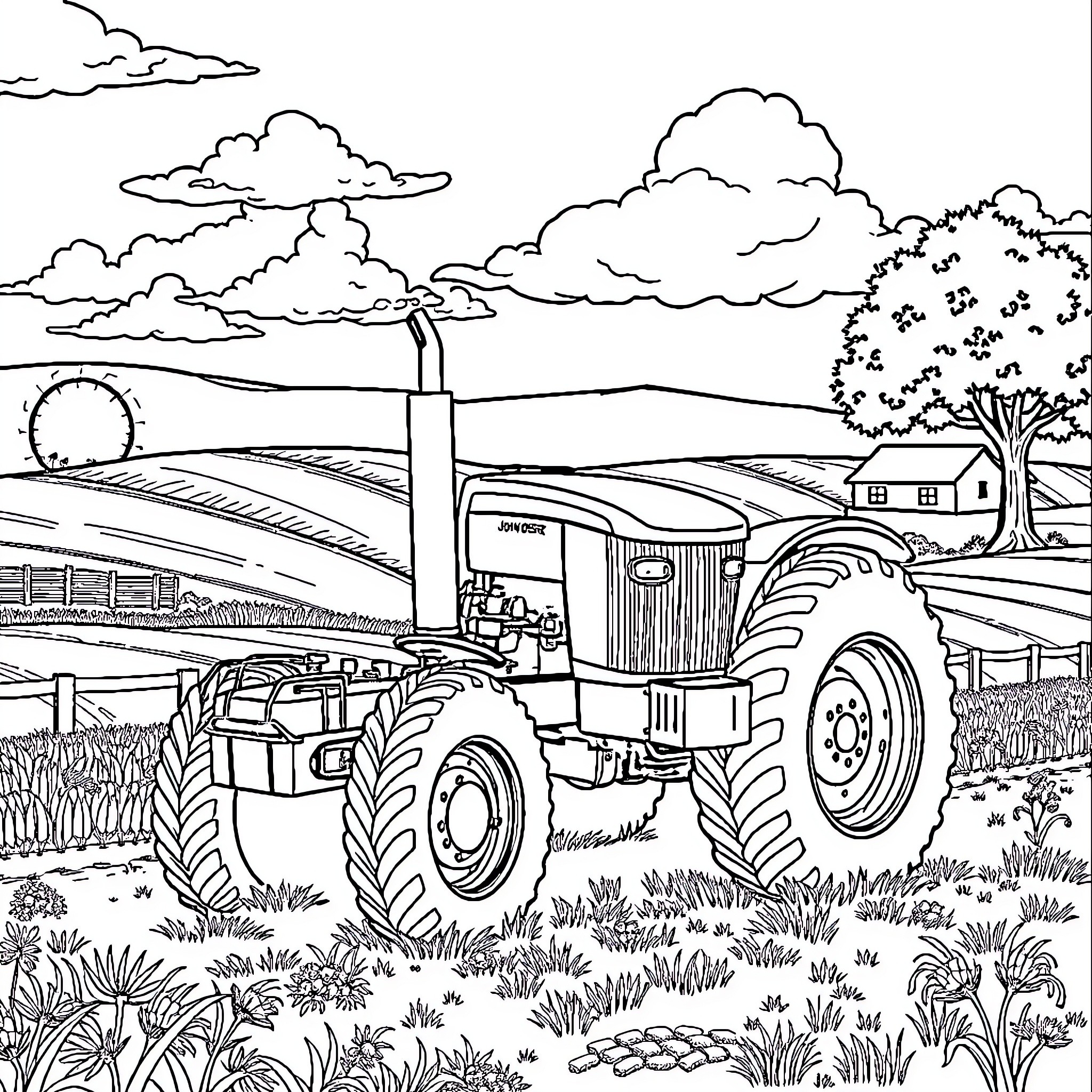 Tractor working in the countryside landscape Coloring Page (free black-and-white line drawing printable PDF for all, from beginners to advanced learners, including children, teens, adults, and seniors)