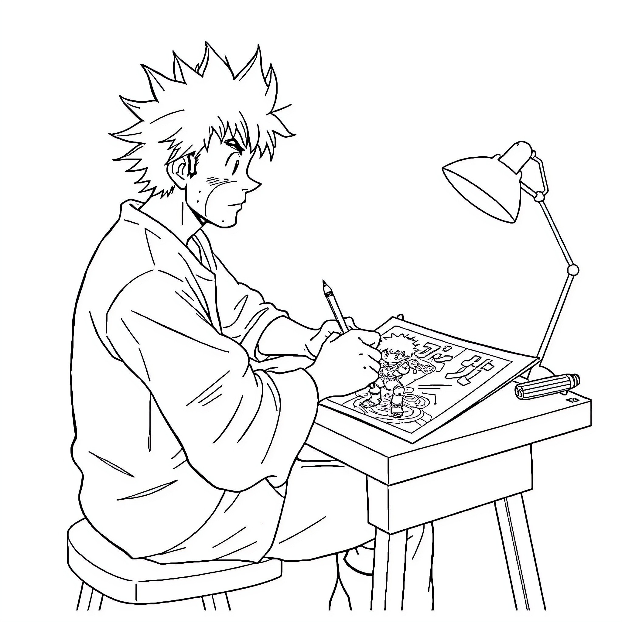 Akira Toriyama hard at work on his illustrations Coloring Page (free black-and-white line drawing printable PDF for all, from beginners to advanced learners, including children, teens, adults, and seniors)