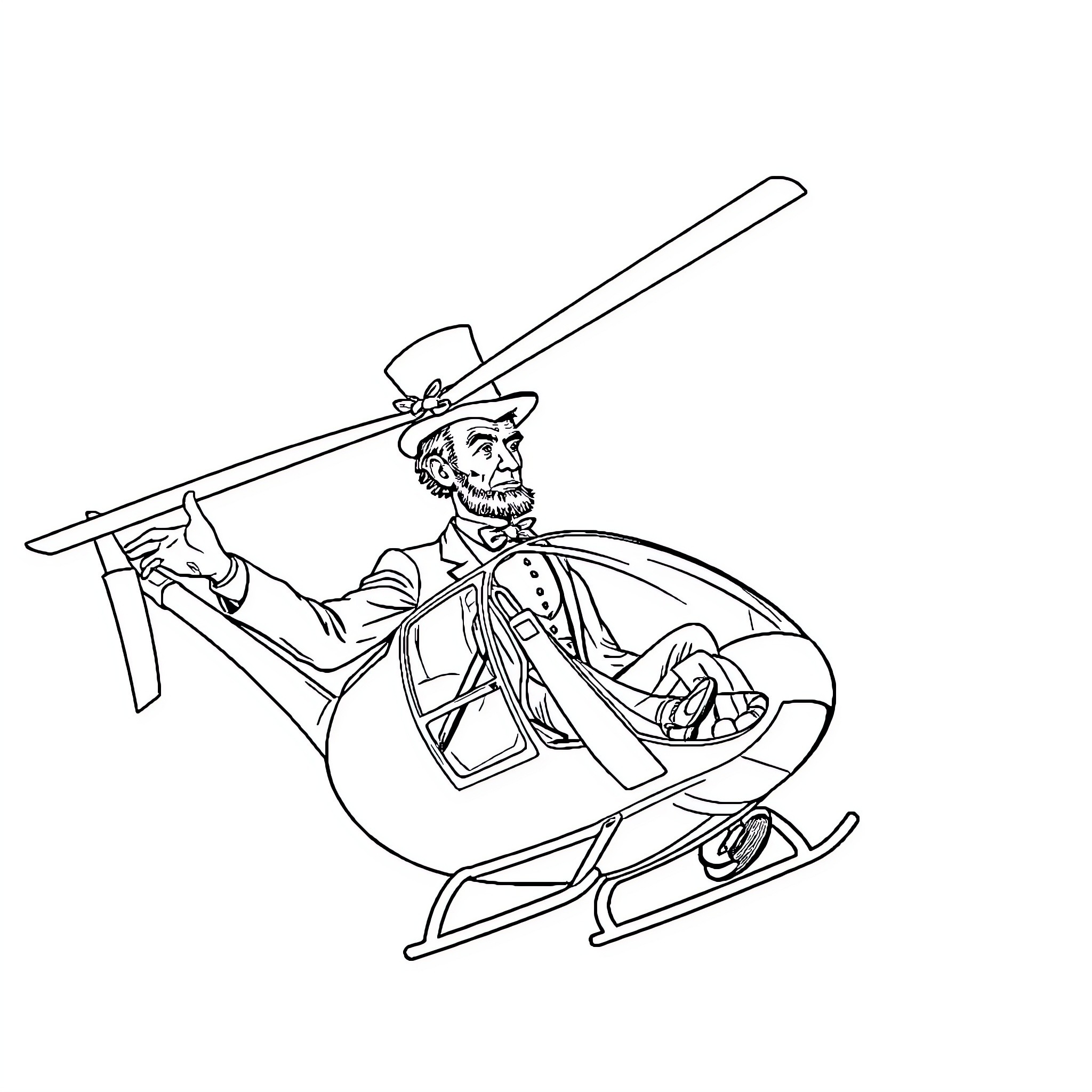 Abraham Lincoln piloting a helicopter Coloring Page (free black-and-white line drawing printable PDF for all, from beginners to advanced learners, including children, teens, adults, and seniors)