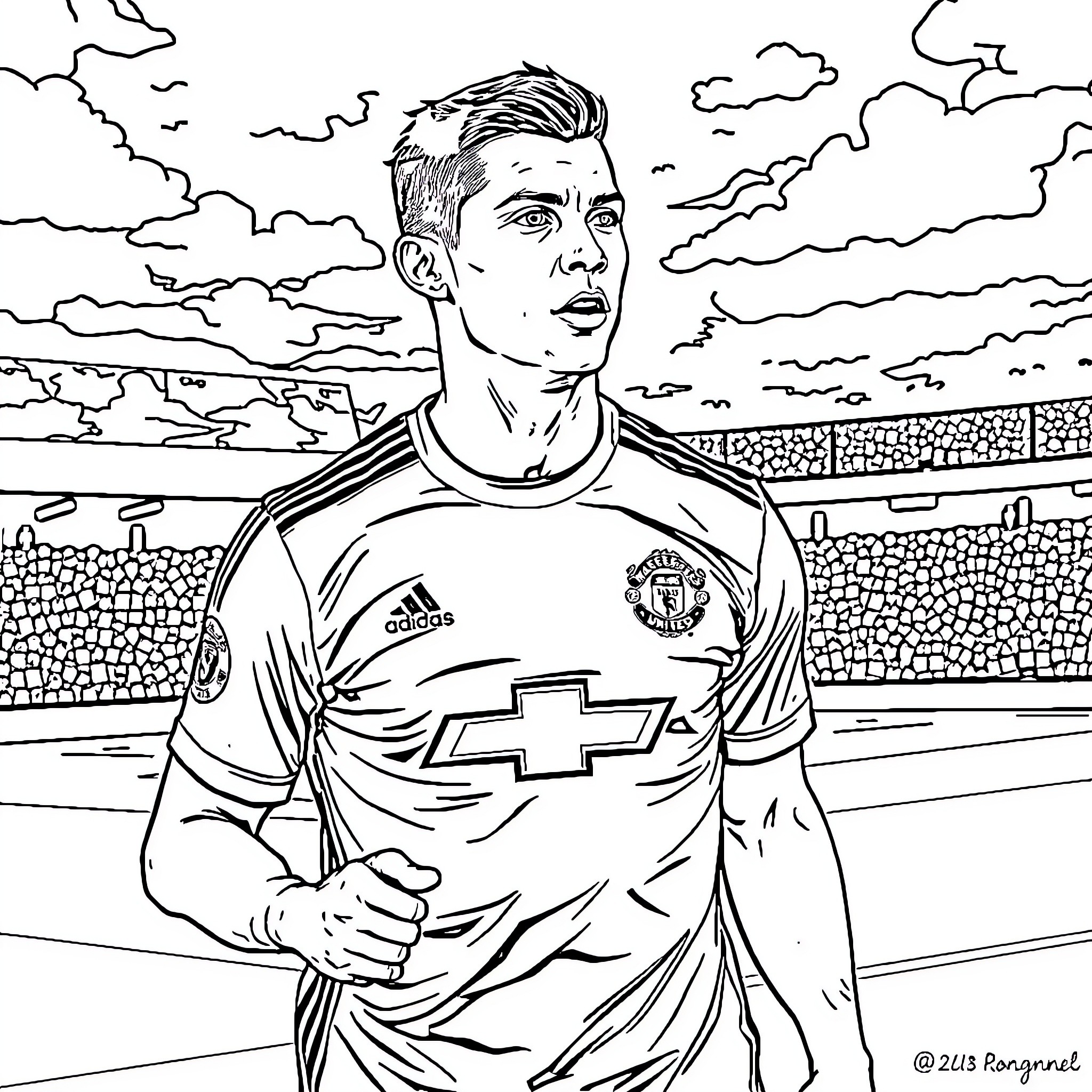 Cristiano Ronaldo playing soccer on the field Coloring Page (free black-and-white line drawing printable PDF for all, from beginners to advanced learners, including children, teens, adults, and seniors)