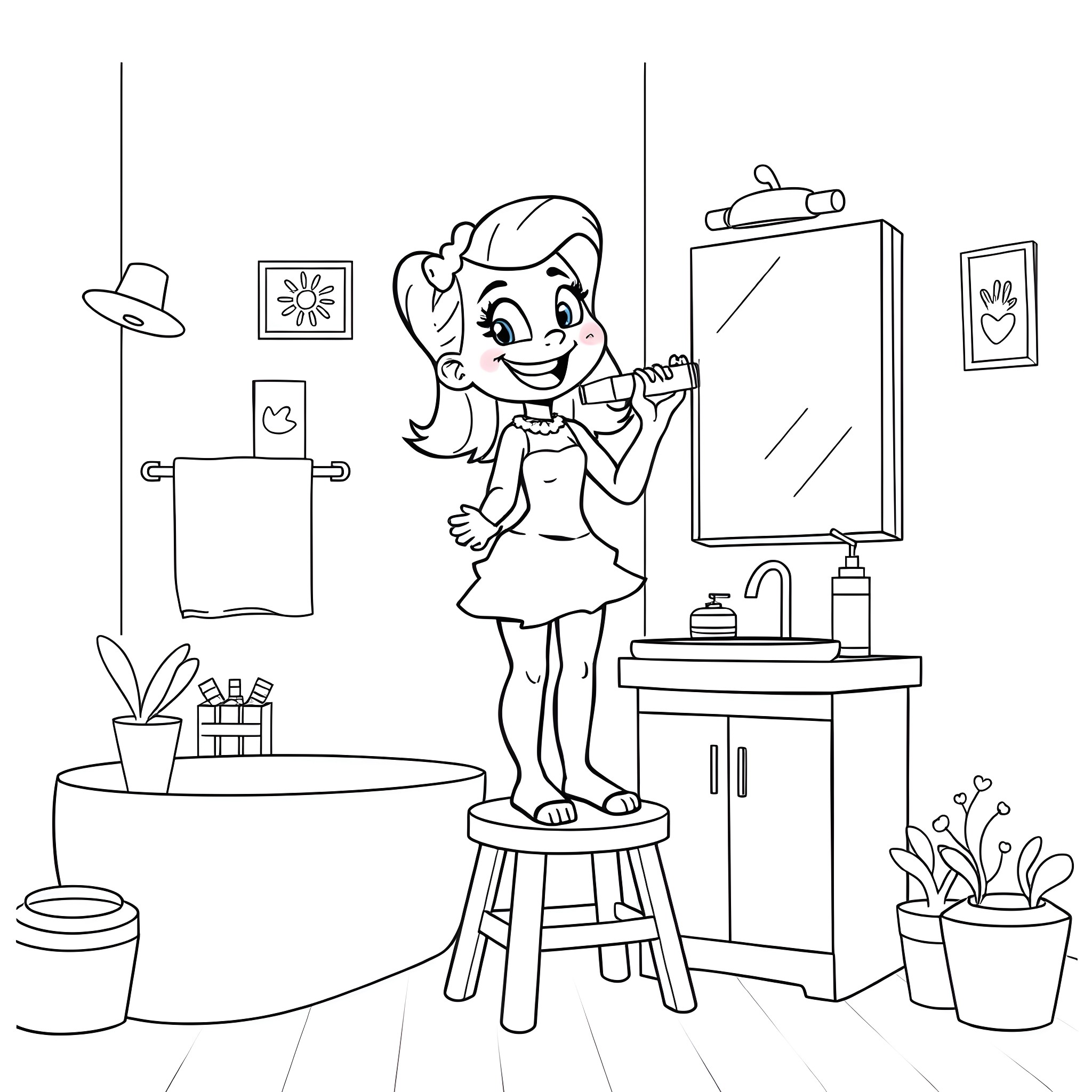 Bluey getting ready in the bathroom Coloring Page (free black-and-white line drawing printable PDF for all, from beginners to advanced learners, including children, teens, adults, and seniors)