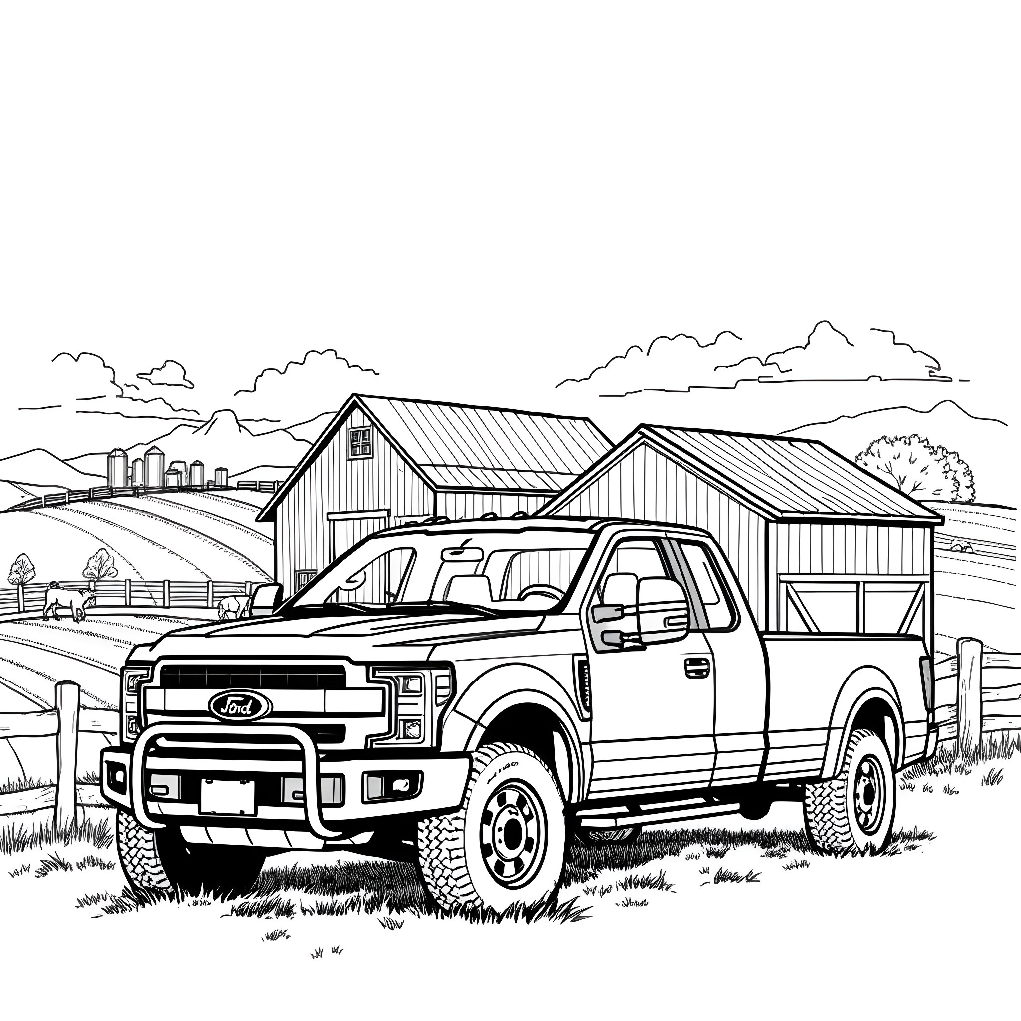 Pickup truck on the rural countryside landscape Coloring Page (free black-and-white line drawing printable PDF for all, from beginners to advanced learners, including children, teens, adults, and seniors)