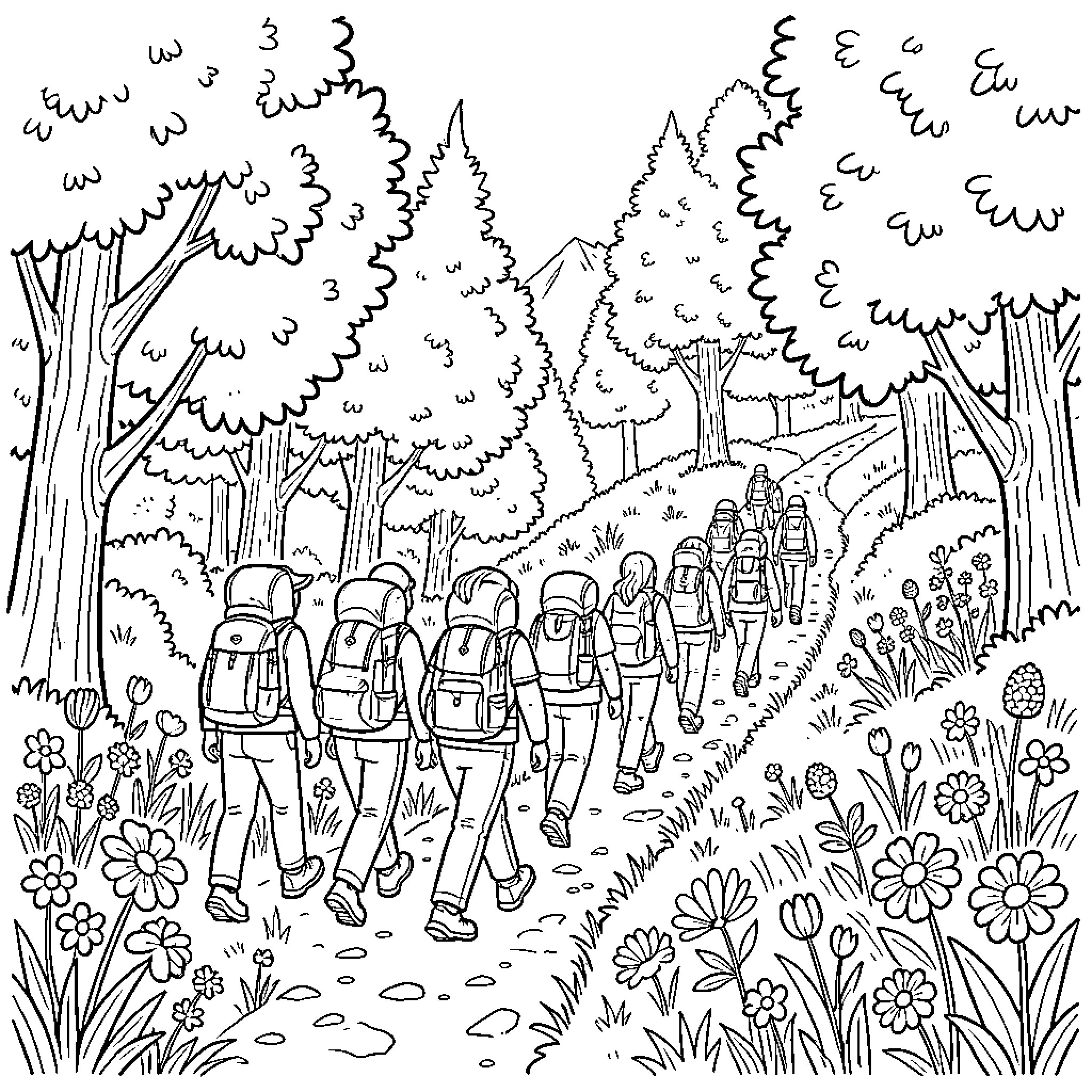 Wanderer's Journey Through the Lush Forest Coloring Page (free black-and-white line drawing printable PDF for all, from beginners to advanced learners, including children, teens, adults, and seniors)