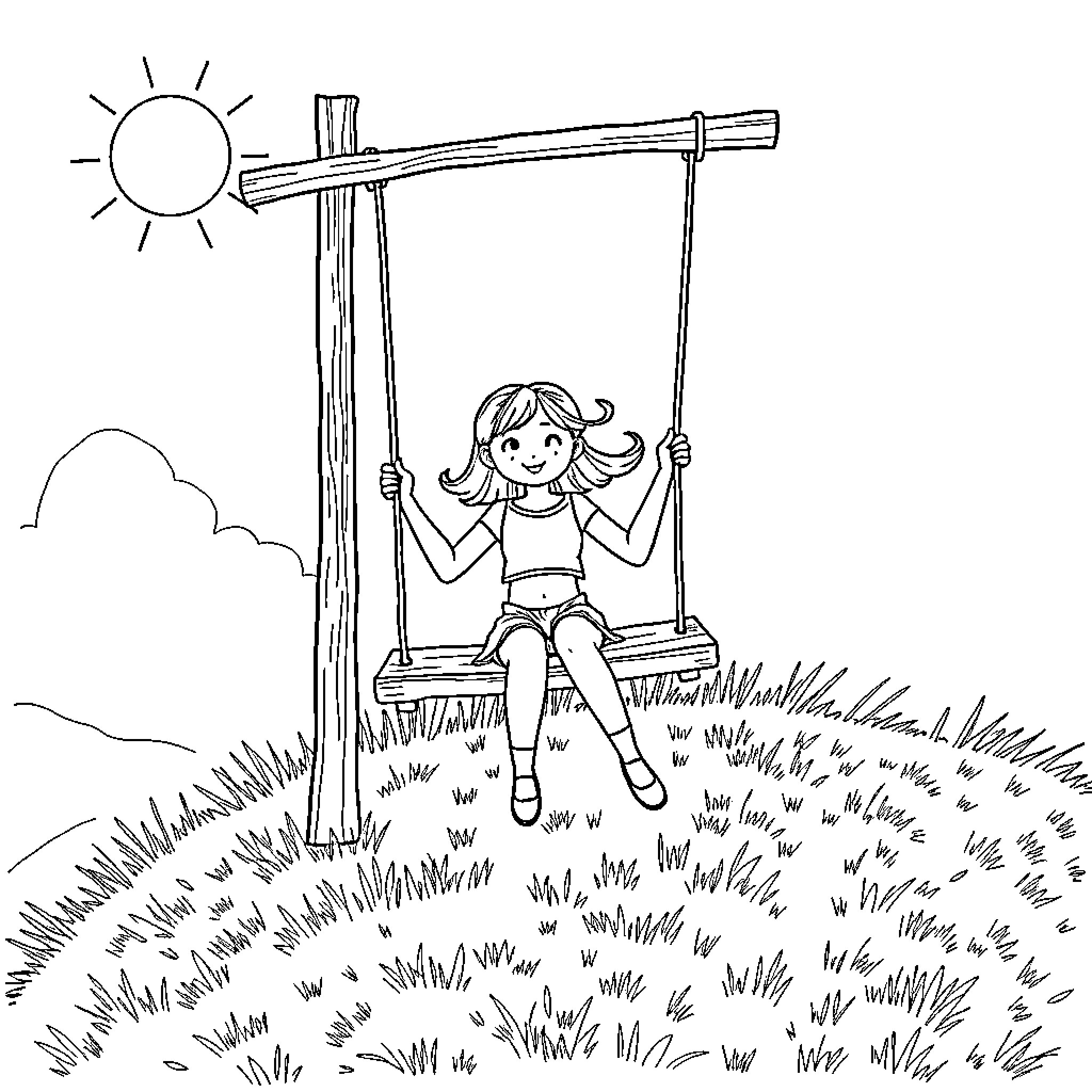Girl enjoying a swing on a sunny day Coloring Page (free black-and-white line drawing printable PDF for all, from beginners to advanced learners, including children, teens, adults, and seniors)