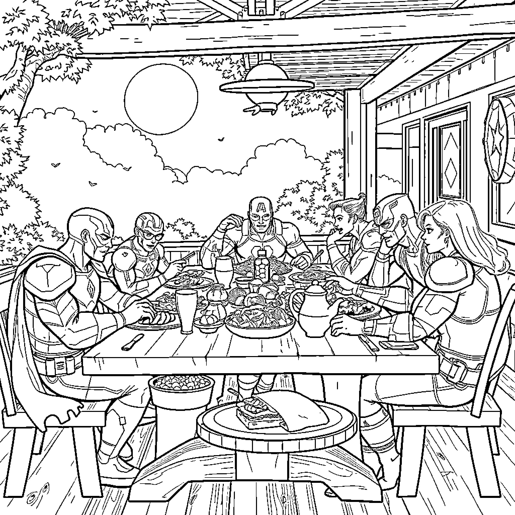 Avengers Gather for a Celebratory Feast Coloring Page (free black-and-white line drawing printable PDF for all, from beginners to advanced learners, including children, teens, adults, and seniors)