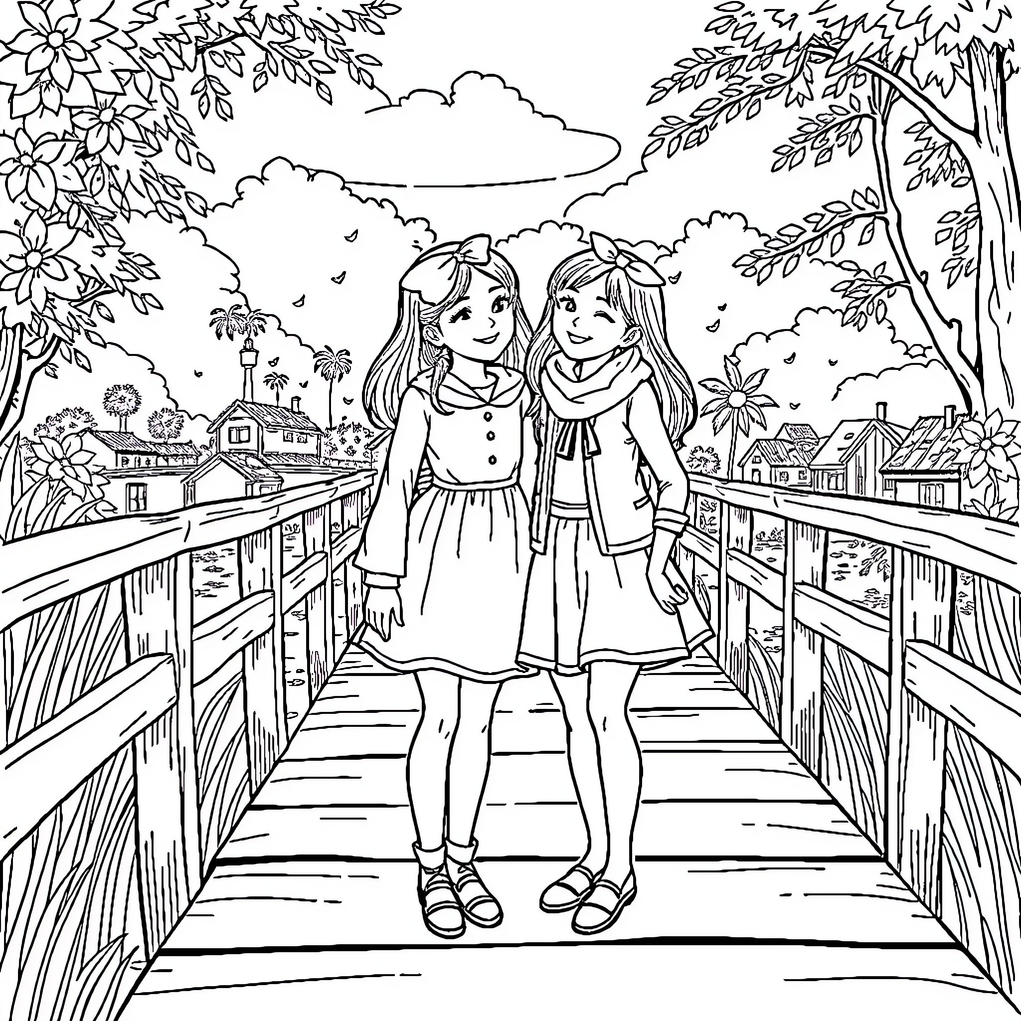 Sisters strolling together on a tranquil footbridge Coloring Page (free black-and-white line drawing printable PDF for all, from beginners to advanced learners, including children, teens, adults, and seniors)